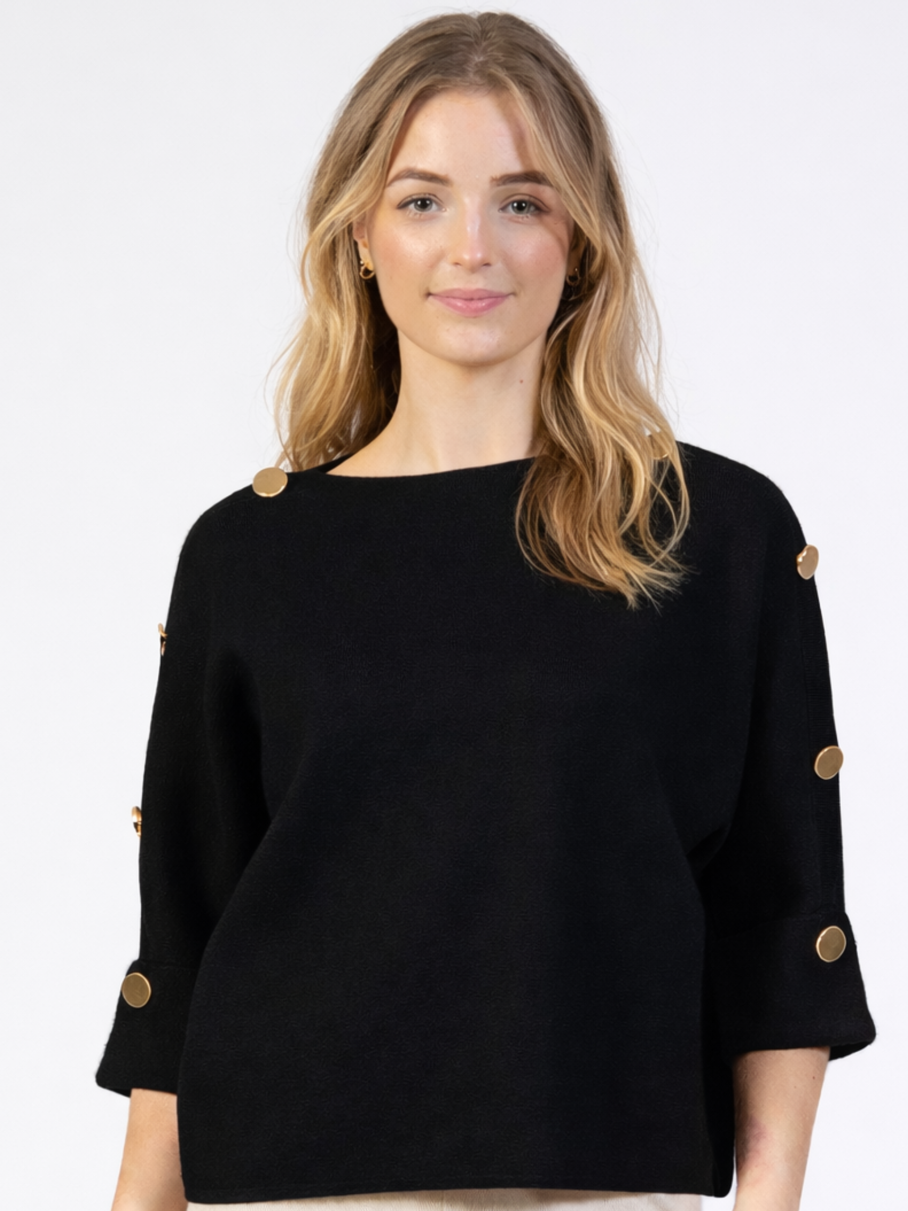 Jessica Graaf 32455 Plain Jumper with wide round neckline, button shoulder detail and 3/4 sleeves