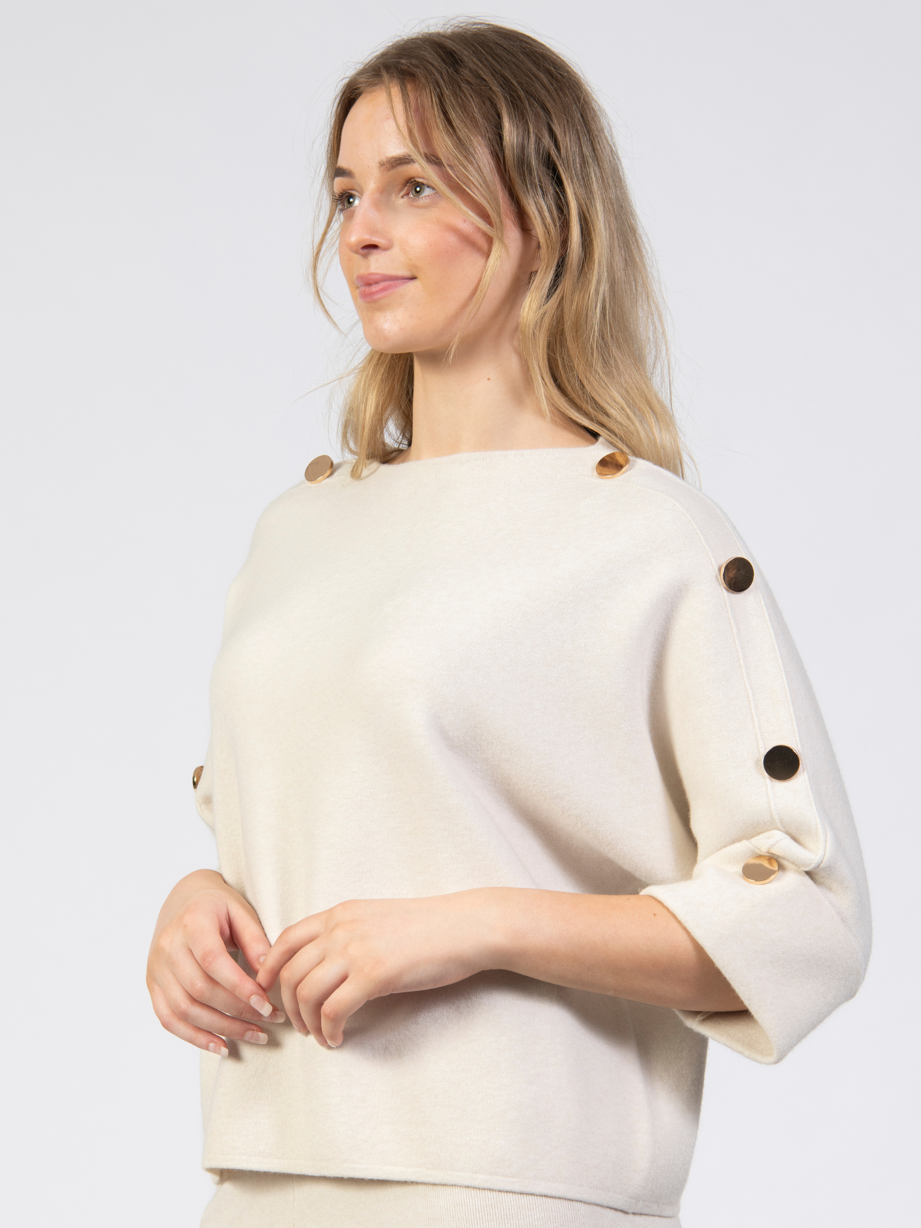 Jessica Graaf 32455 Plain Jumper with wide round neckline, button shoulder detail and 3/4 sleeves