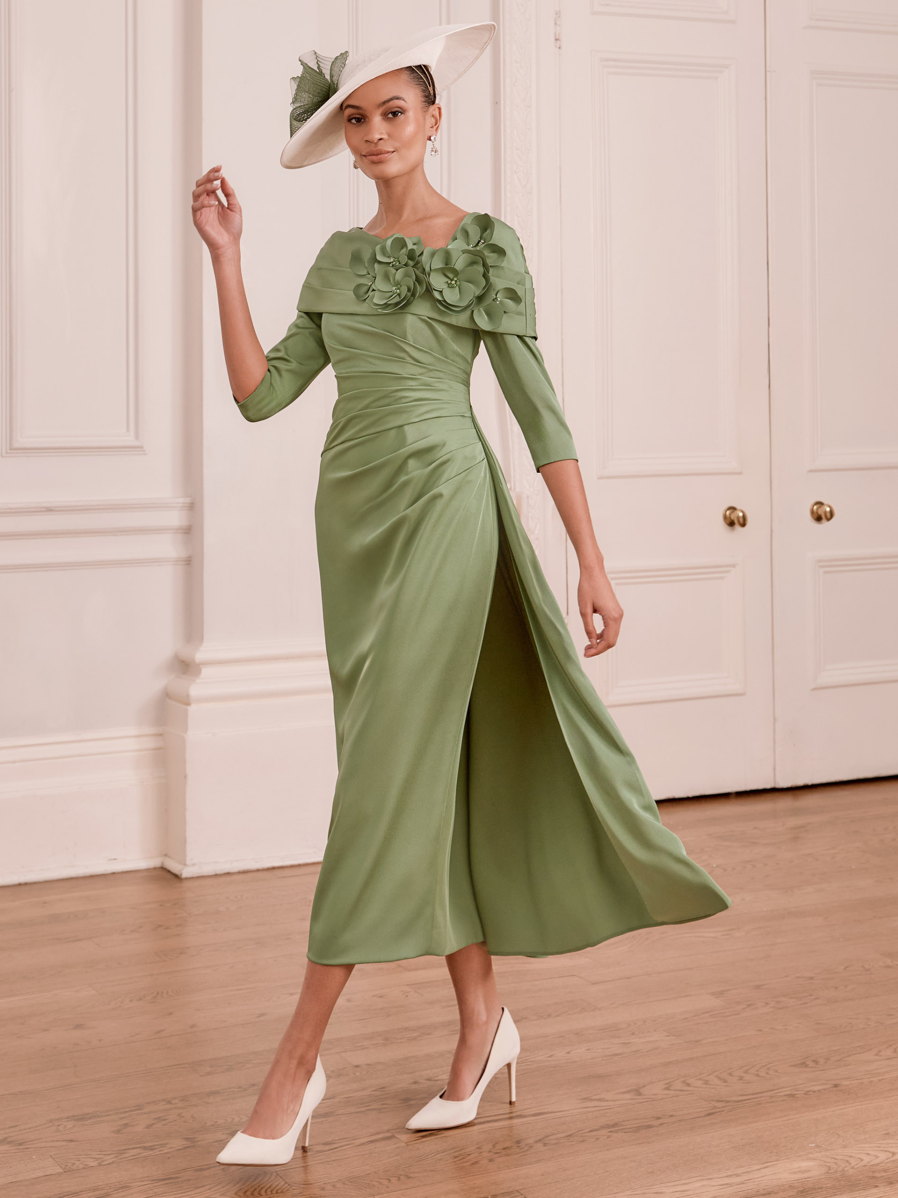 John Charles 29376 Hunter Dress satin back crepe midi dress with asymmetric floral collar and 3/4 sleeves