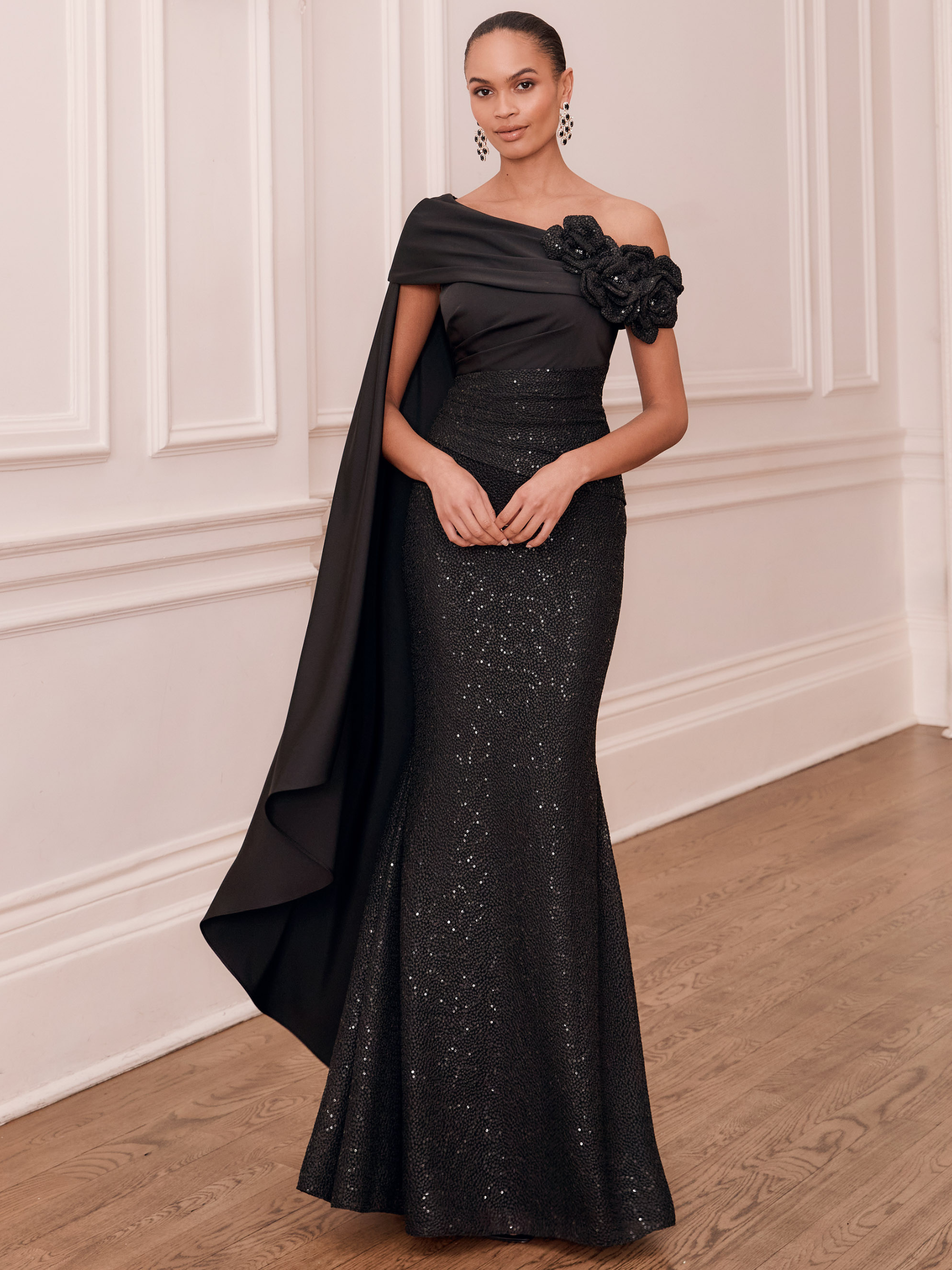 John Charles 29392B Black Dress sparkle gown with satin draped collar, 3D floral cut-work and fluted skirt