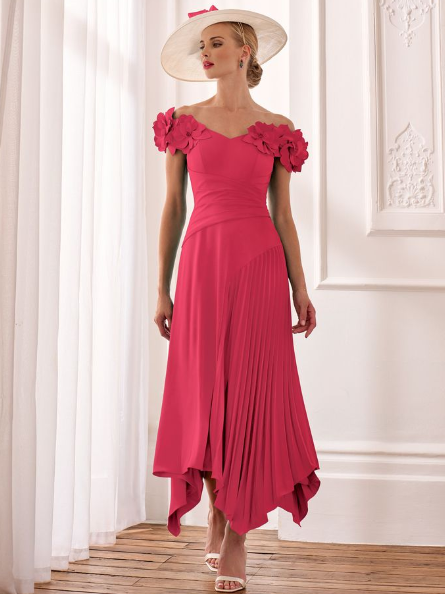 John Charles 66632B Persian Rose A-line dress with off-the-shoulder neckline and 3D floral embellishment.