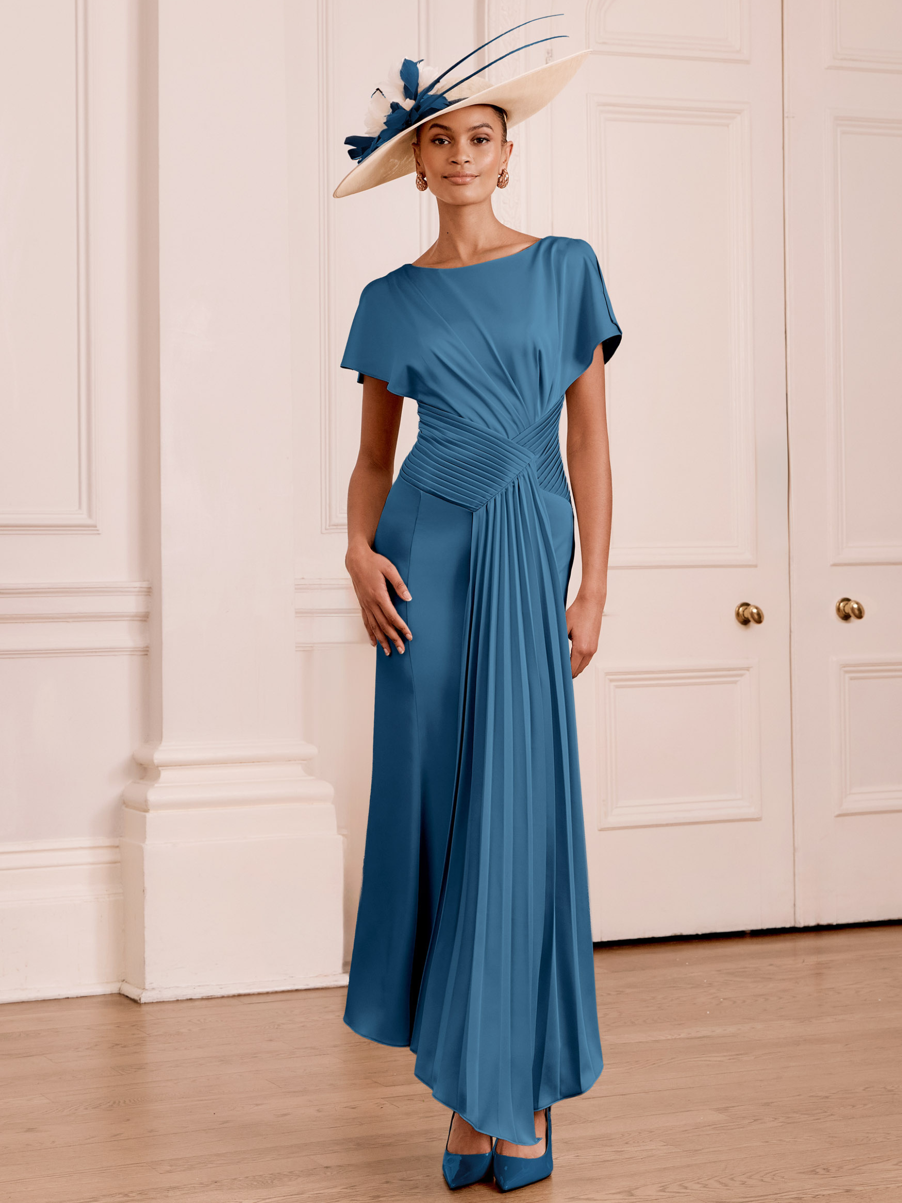John Charles 66783 Mocha Dress in satin back crepe with draped bodice, pleated waistband, flutter sleeves and asymmetric pleated skirt panel