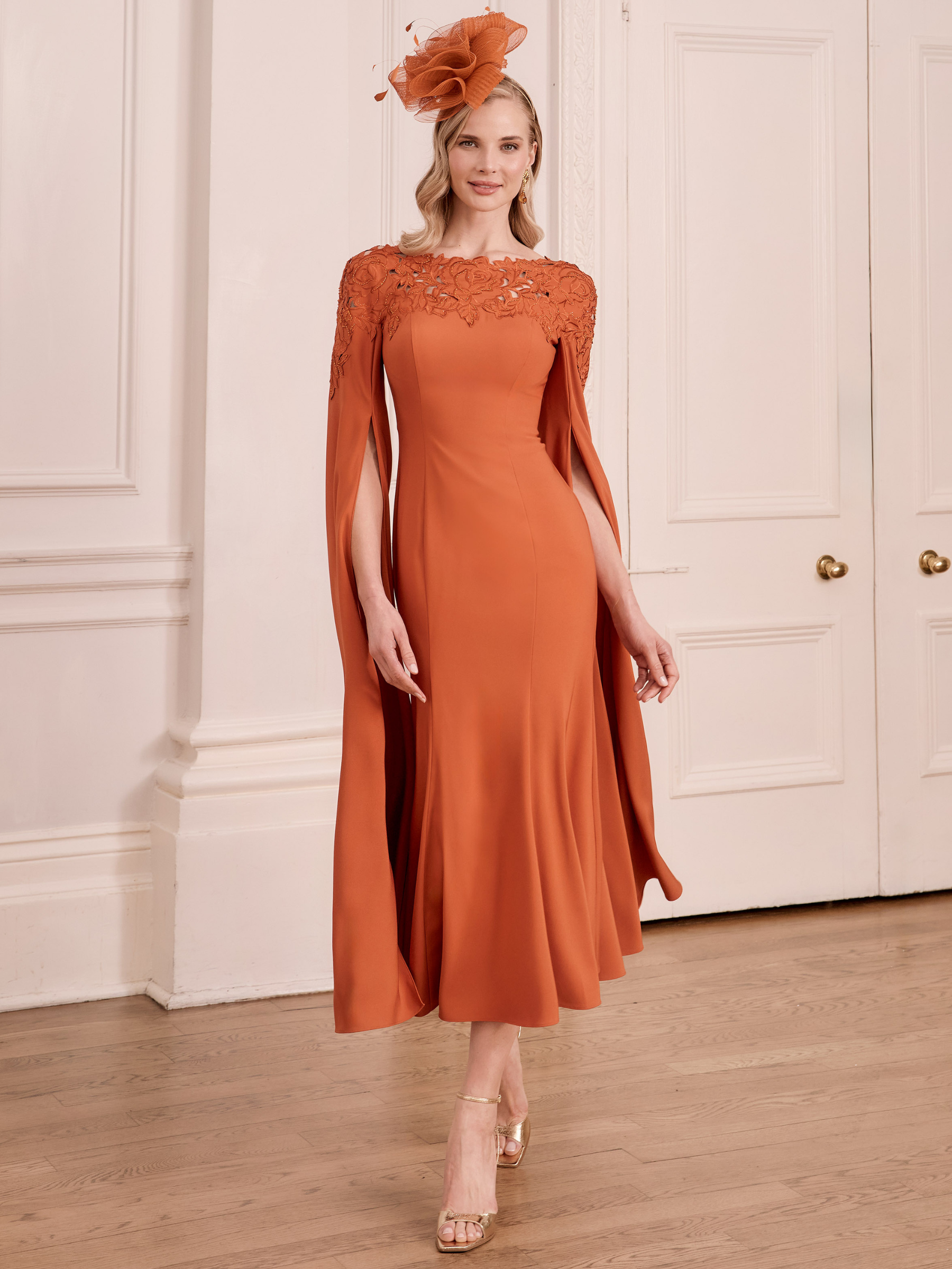 John Charles 66784A Terracotta Dress satin back crepe midi dress with beaded cut-work neckline, cape sleeves and fluted skirt