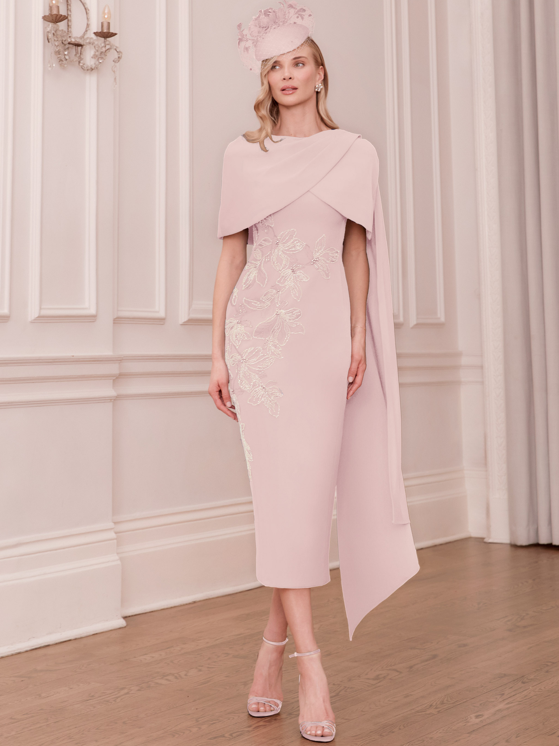 John Charles 66788 Petal Dress midi pencil dress with wrap-around cape and beaded front detailing