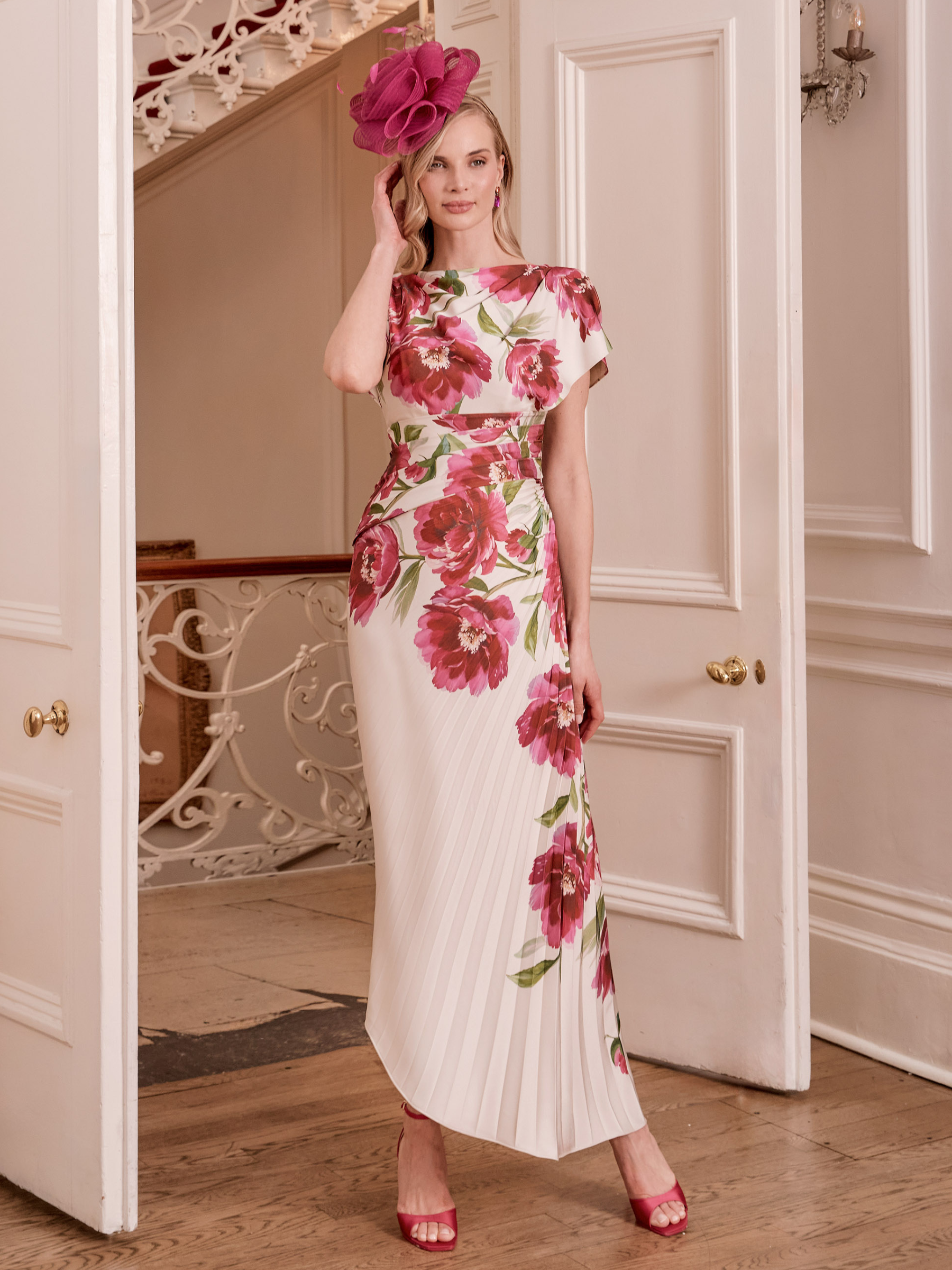 John Charles 66809B Ecru / Peony Dress plissé asymmetric midi dress with boat neckline and flutter sleeves