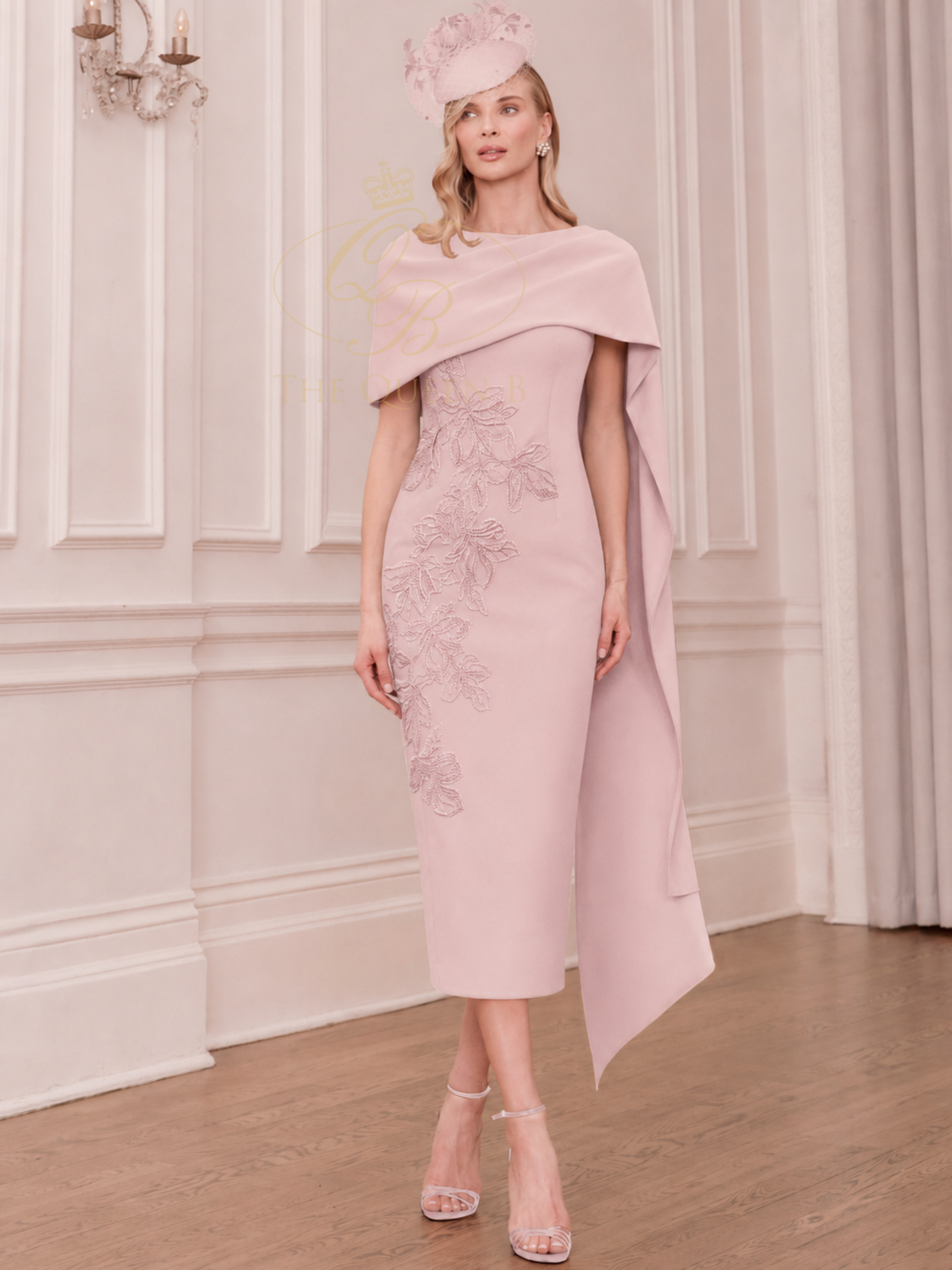 John Charles 66875 / 66503 Petal Dress with draped cape overlay, floral appliqué and fitted midi silhouette