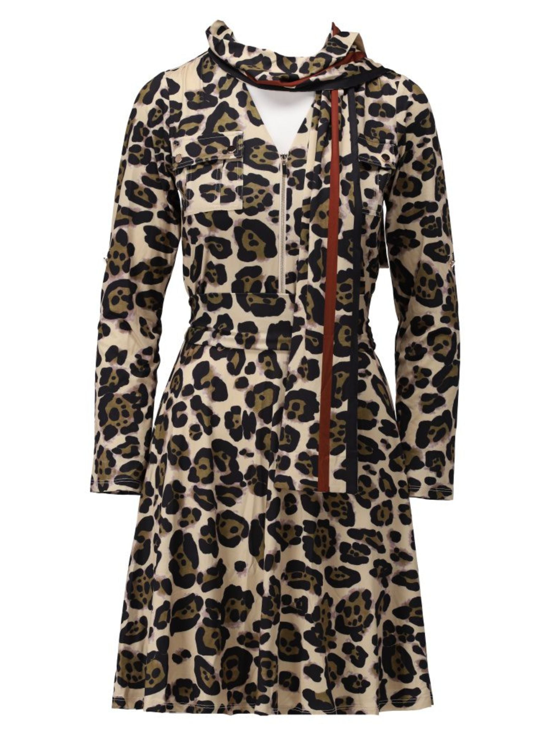 Women’s leopard print dress in beige and black with keyhole neckline and necktie, long sleeves and flattering fit-and-flare silhouette - perfect for stylish daywear or special occasions.