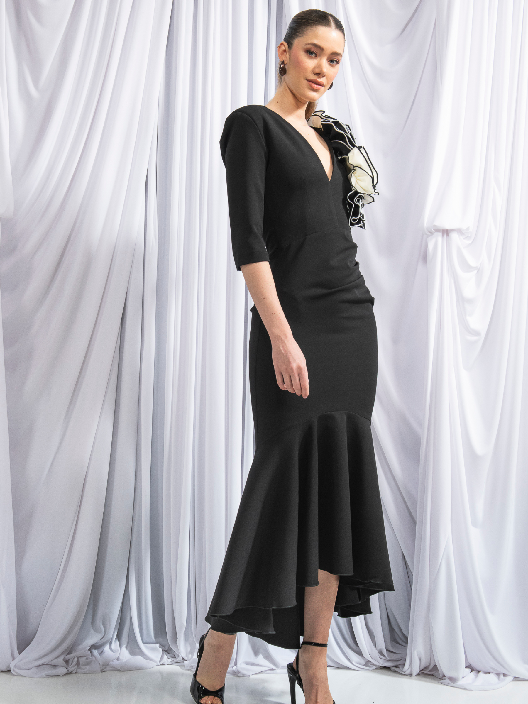 Kevan Jon Brooklyn Black / Ivory Roset Midi Dress