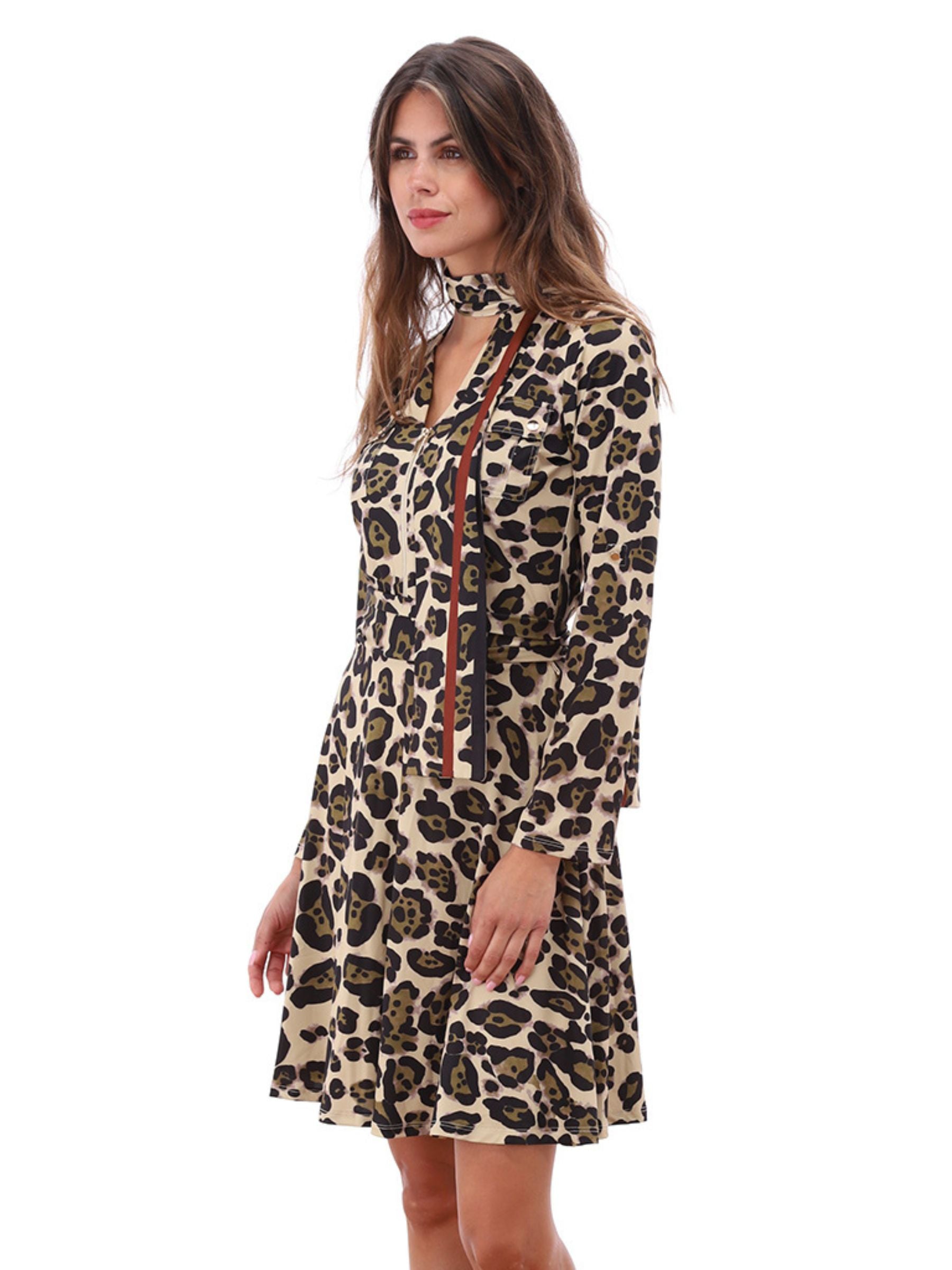 Women’s leopard print dress in beige and black with keyhole neckline and necktie, long sleeves and flattering fit-and-flare silhouette - perfect for stylish daywear or special occasions.