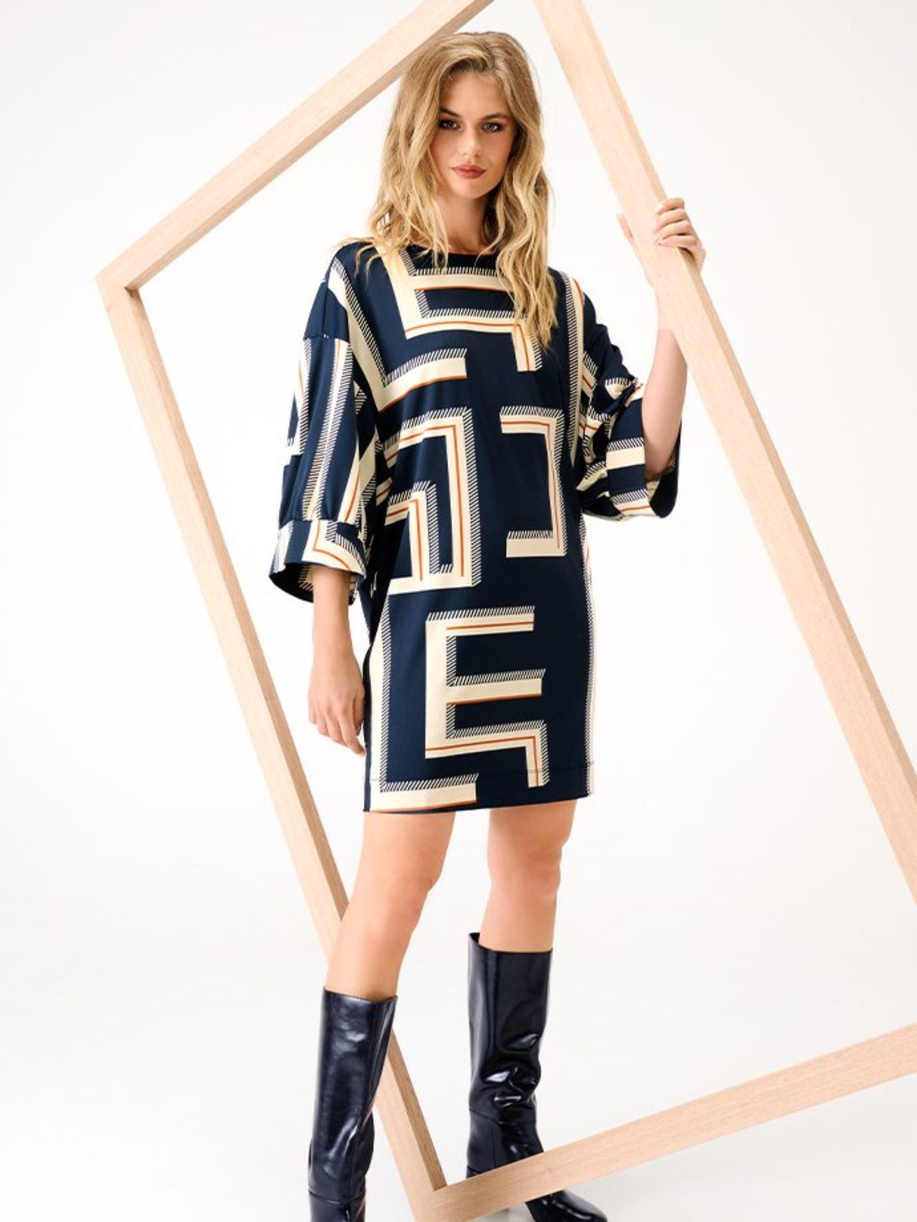 K Design B330 women’s shift dress in navy with cream and gold geometric print, three-quarter sleeves and above-the-knee length - chic autumn styling.