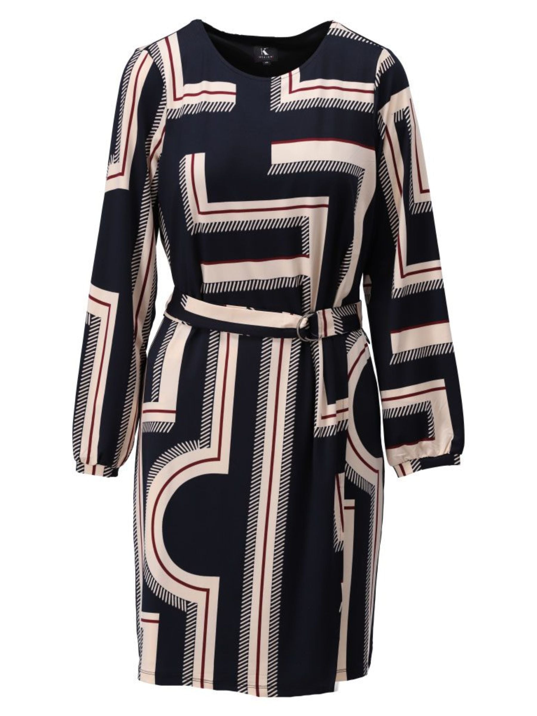 K Design B334 women’s geometric print dress in navy, red and blush with belted waist, long sleeves and above-the-knee length - chic day-to-night style.