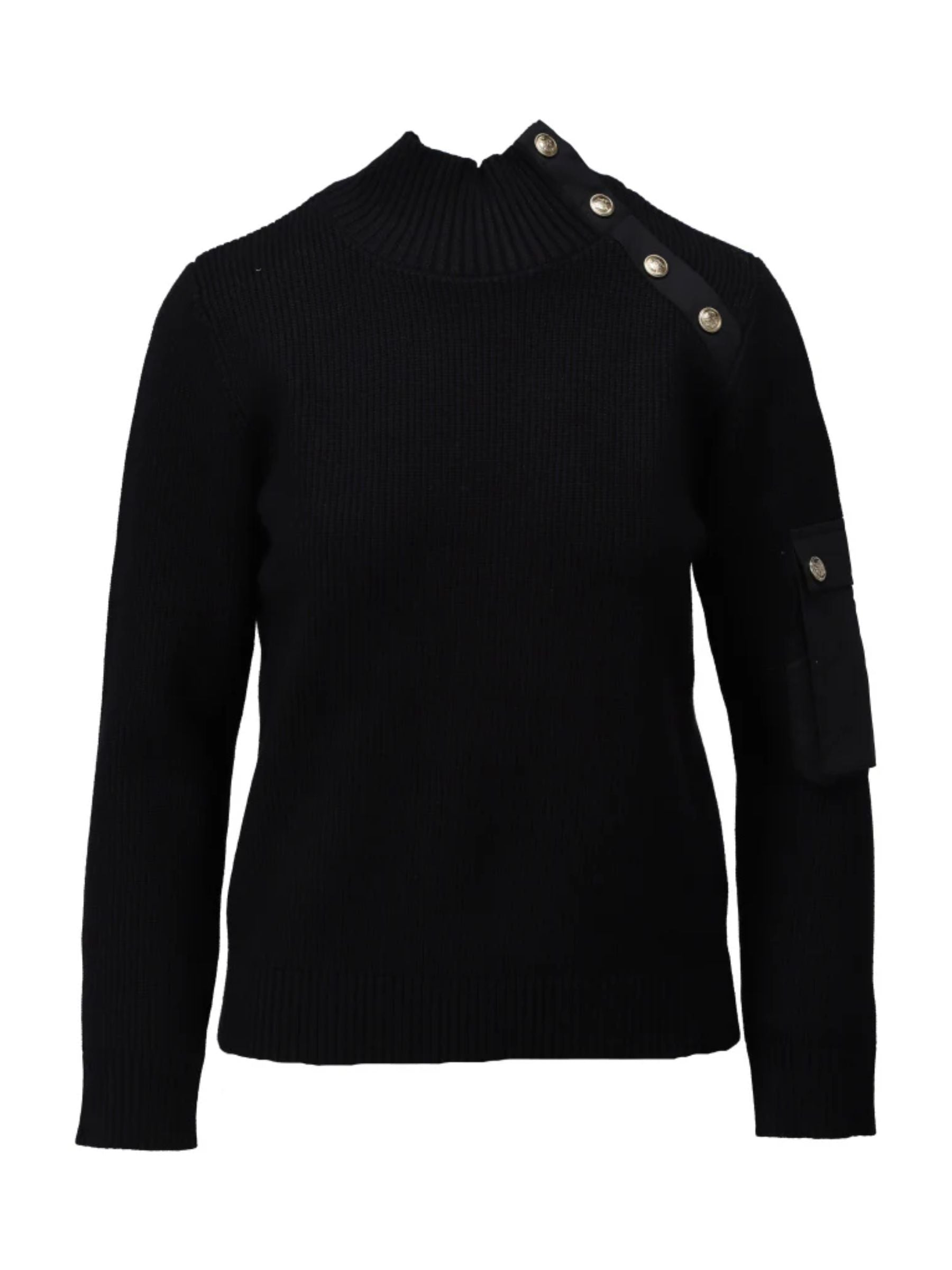 K Design B841 women’s knit sweater with gold-tone shoulder and sleeve button detail, high neckline and relaxed fit - chic autumn-winter style.