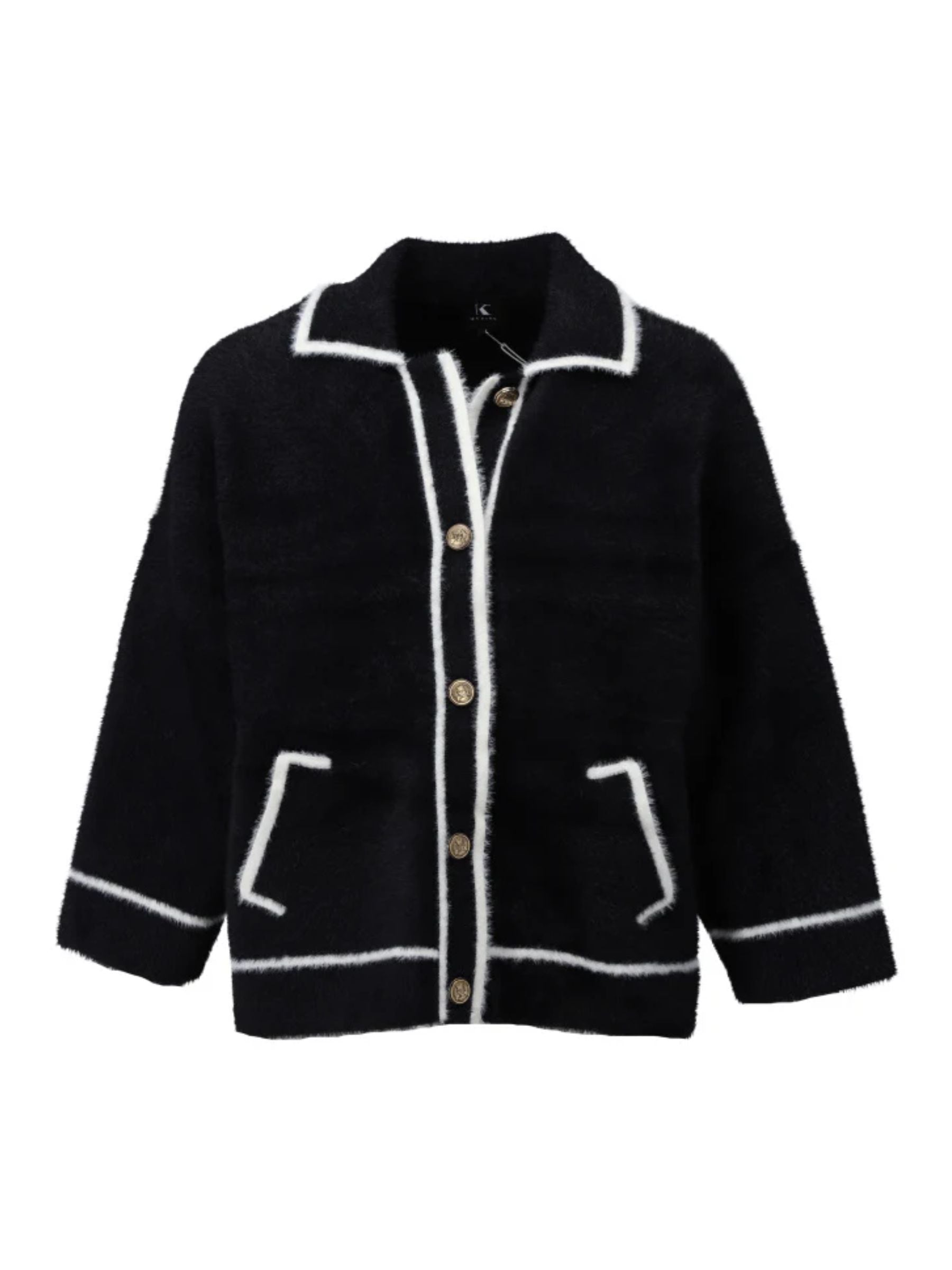 K Design B846 women’s black and white cardigan with contrast trim, gold-tone buttons, and front pockets - timeless knitwear for layering in autumn-winter.