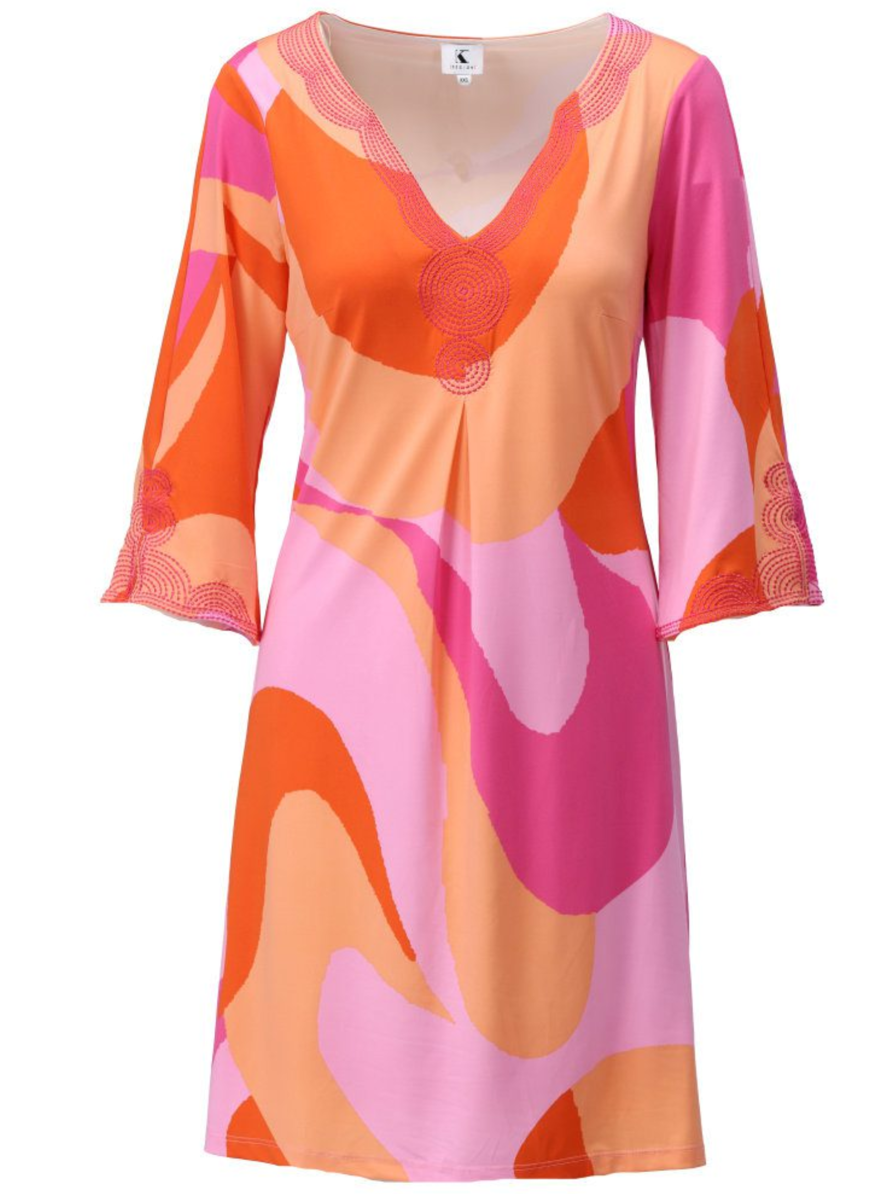 K Design C309 Dress with abstract print, decorative neckline detail and three-quarter sleeves.