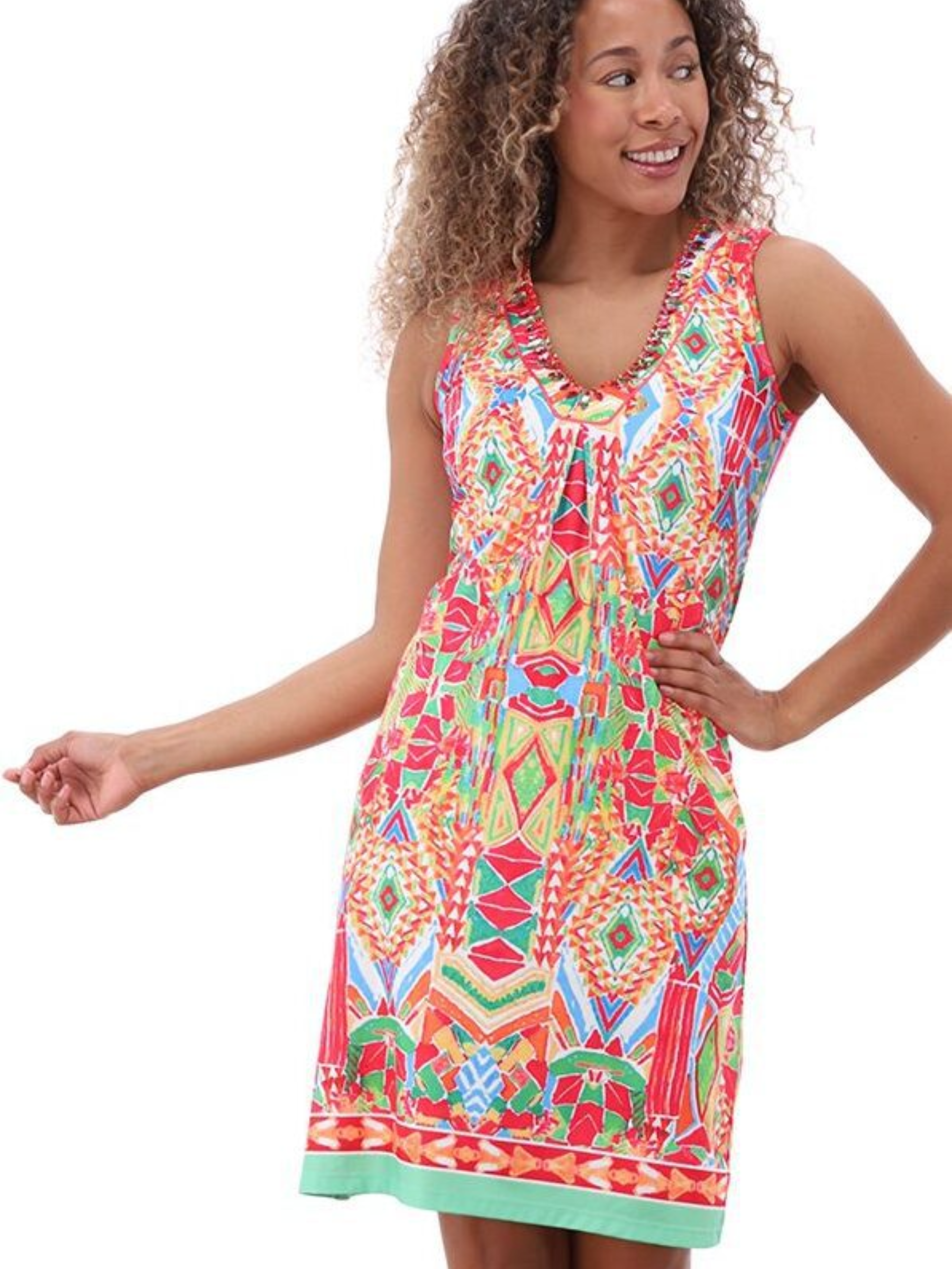 K Design C310 Dress with geometric print, embellished neckline and sleeveless shift silhouette.