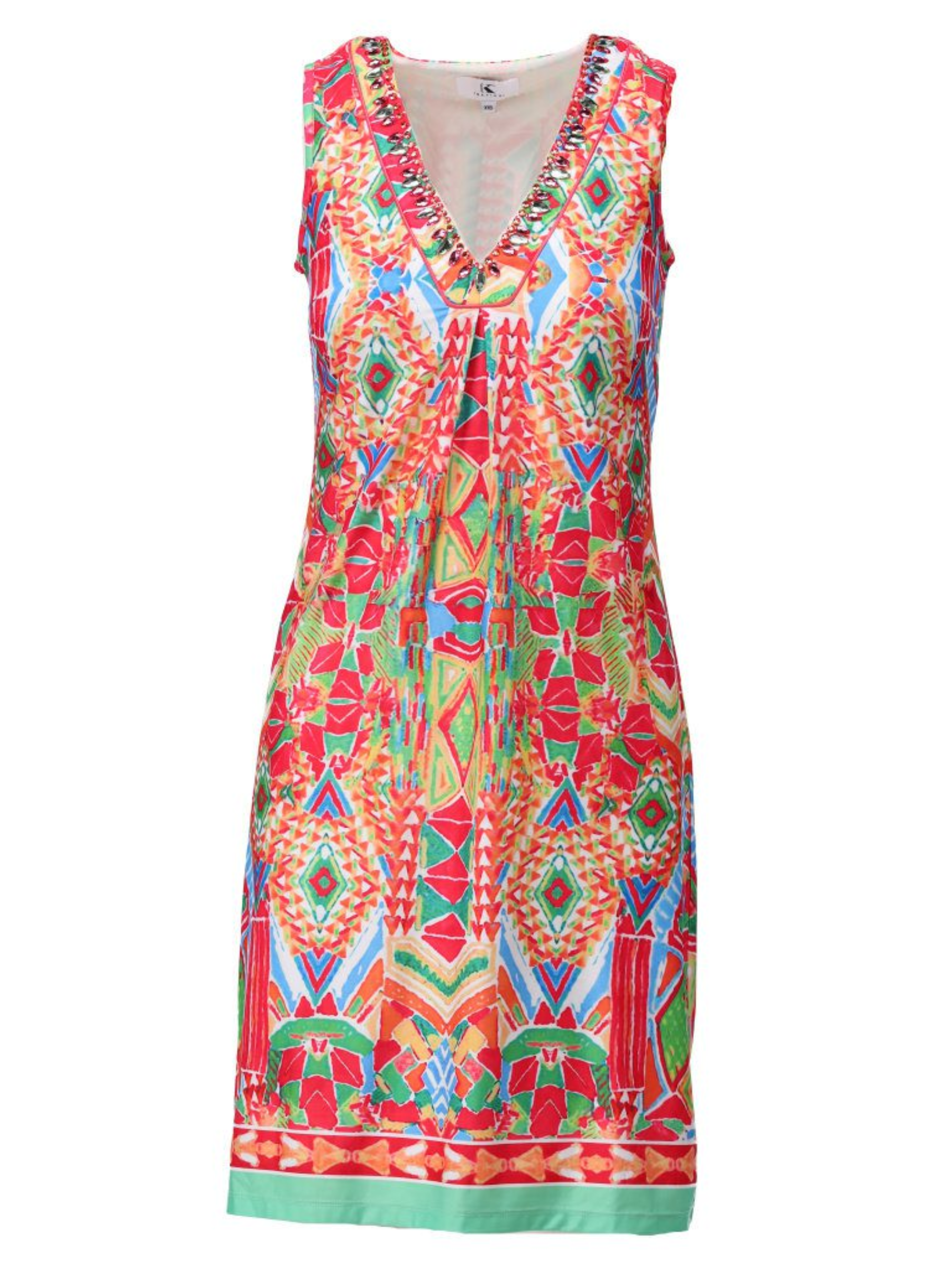 K Design C310 Dress with geometric print, embellished neckline and sleeveless shift silhouette.