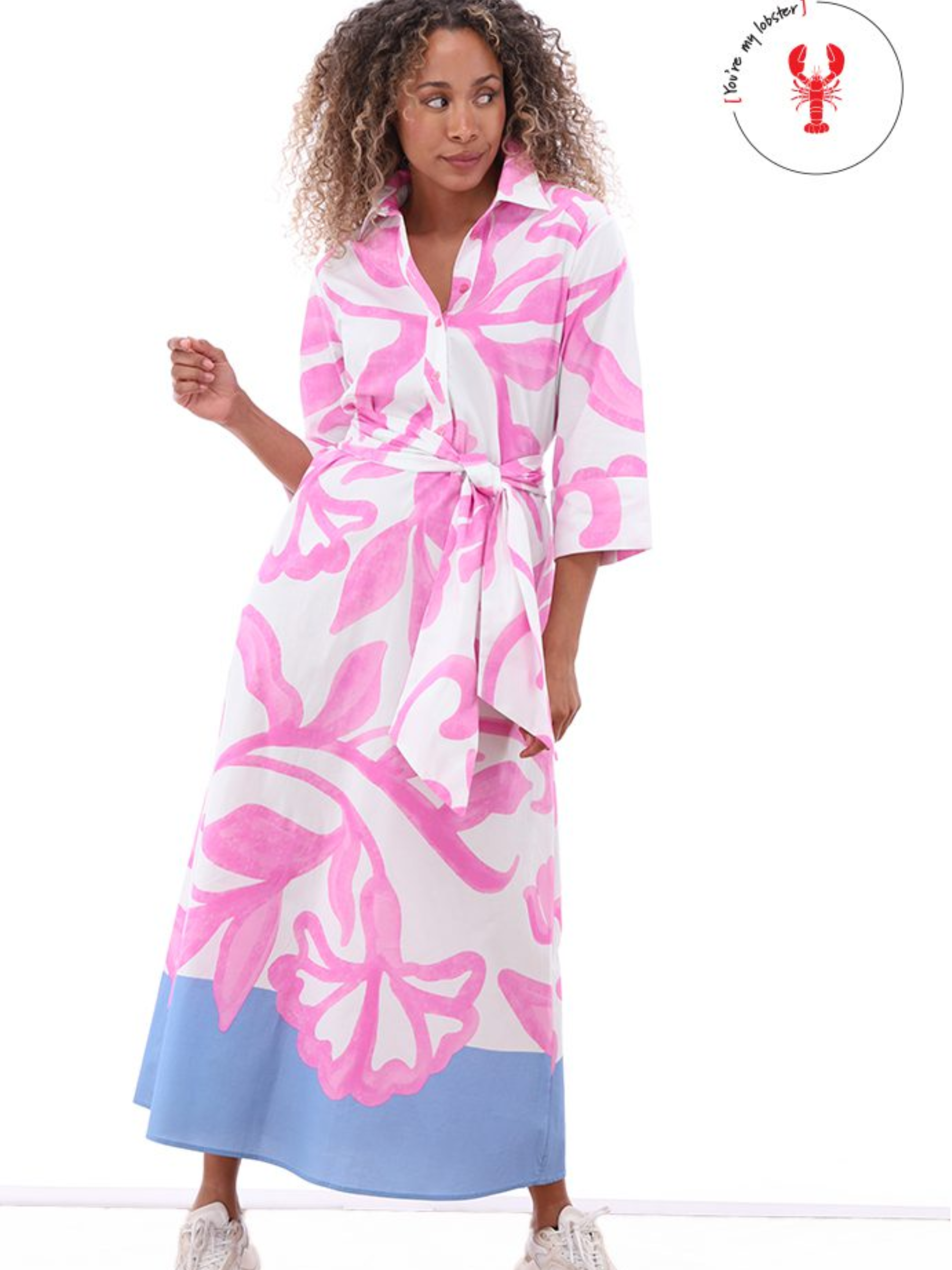 K Design C355L Dress with bold print, tie waist, shirt neckline and maxi length.