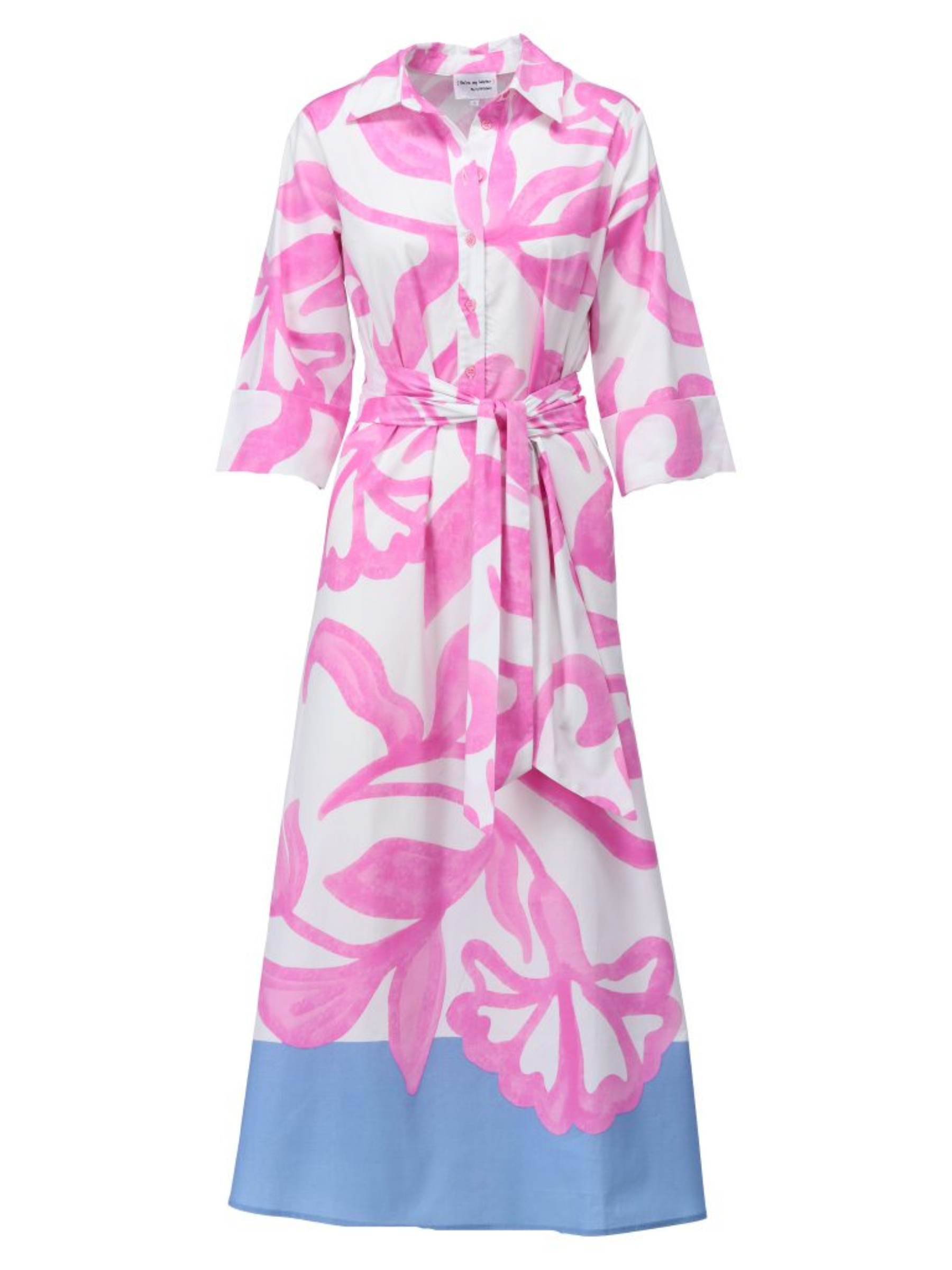 K Design C355L Dress with bold print, tie waist, shirt neckline and maxi length.