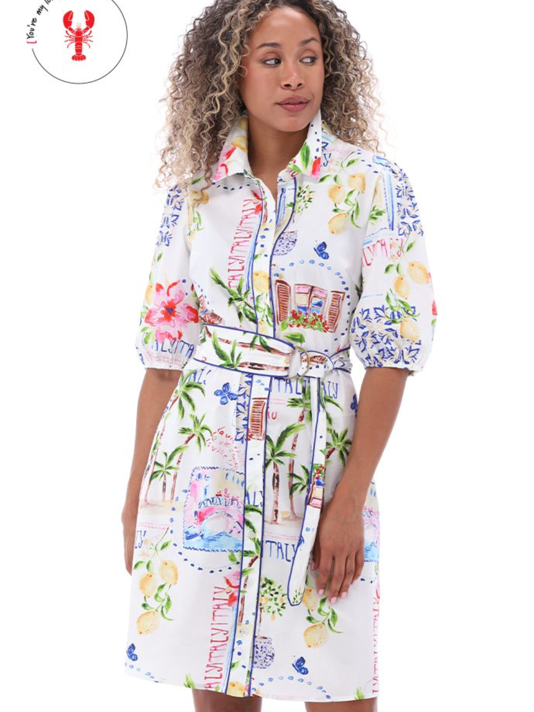 K Design C360L Dress knee-length printed shirt dress with collar, button-through front, waist belt with buckle and short sleeves.