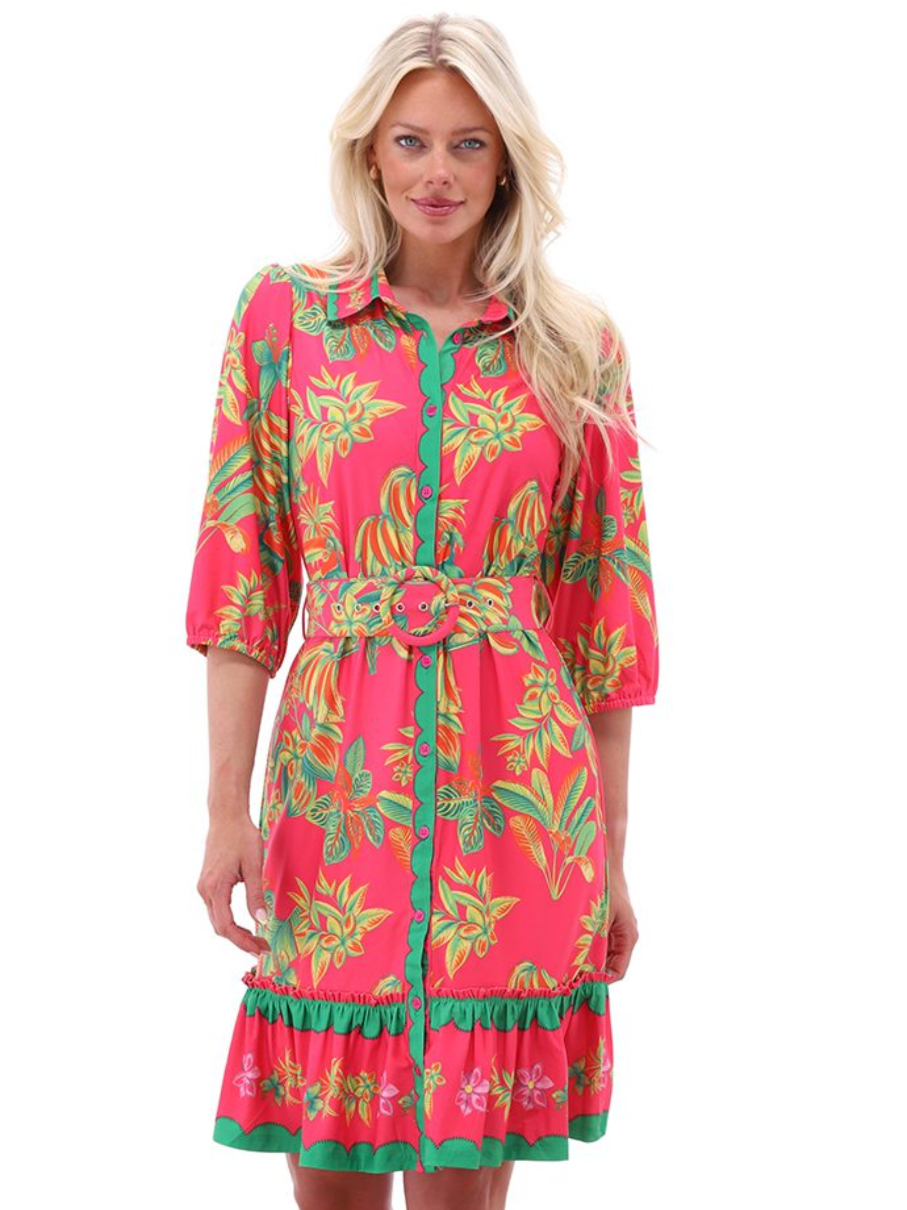 K Design C401 Dress knee-length botanical print shirt dress with collar, scalloped trim placket, waist belt with buckle and ruffle hem detail.