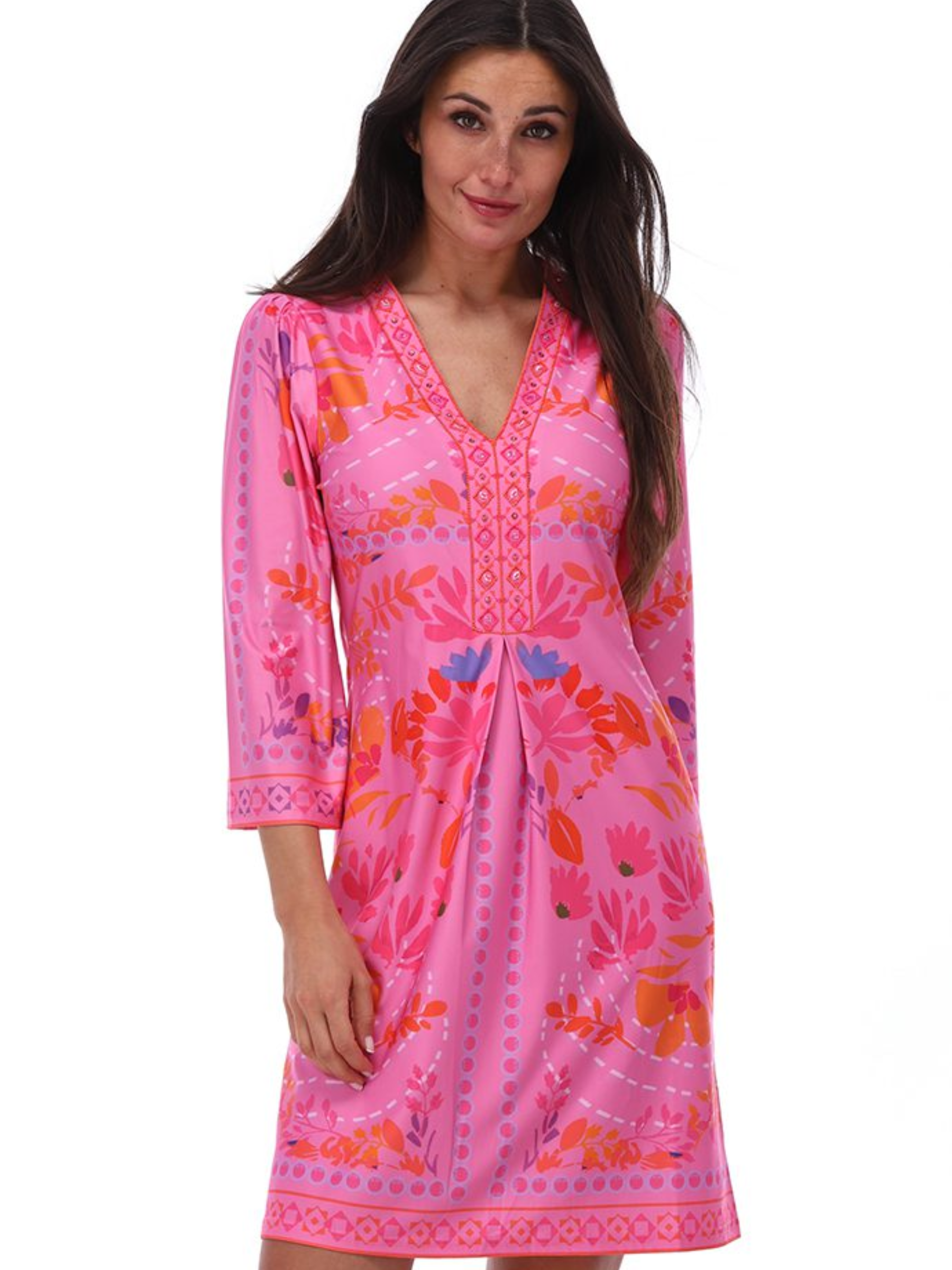 K Design C415 Dress knee-length printed dress with V-neckline, decorative placket detail, long sleeves and border print hem.