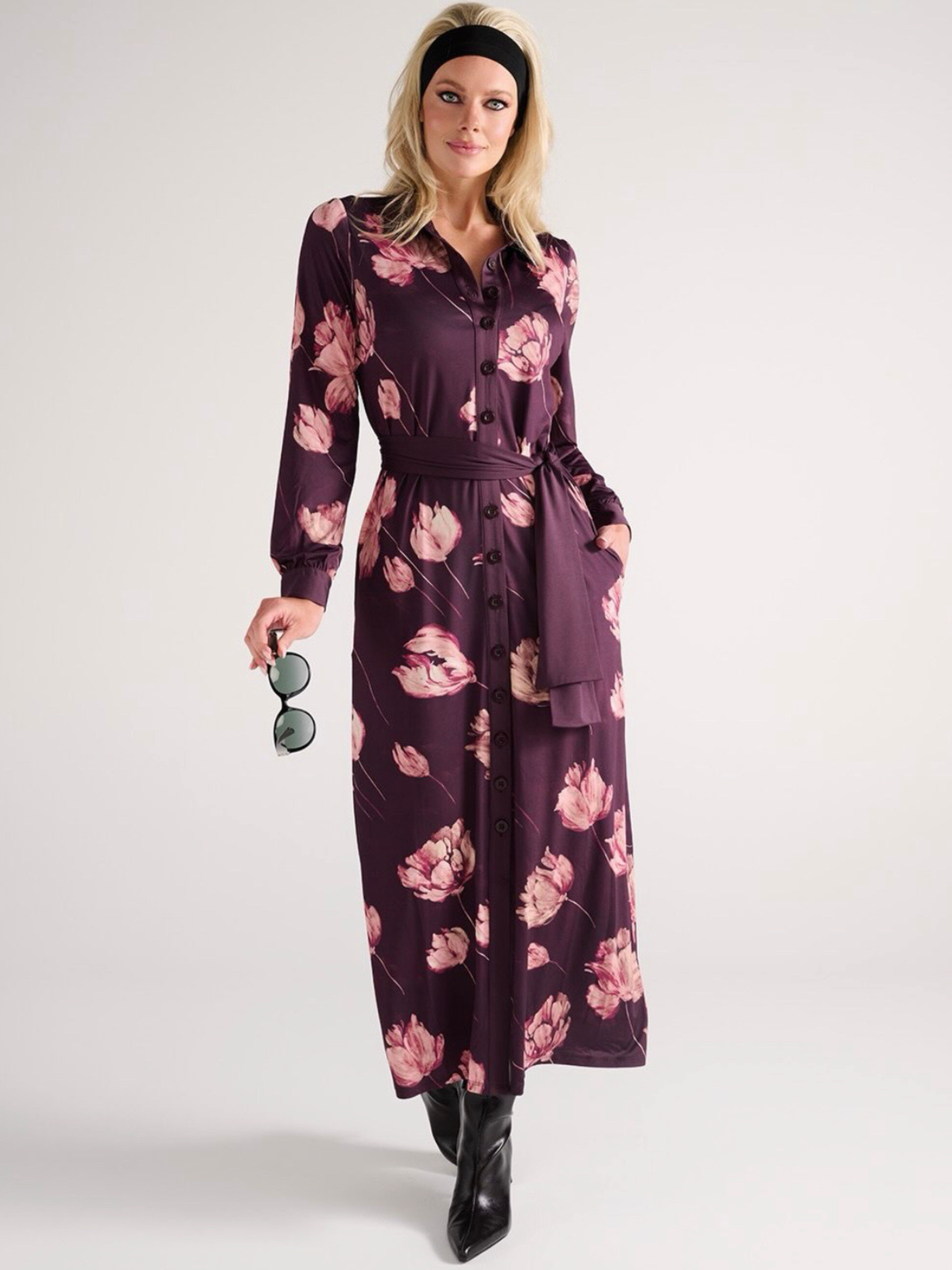 K Design D112 Maxi Shirt Dress with floral print, collared neckline, button-front fastening and self-tie waist belt.
