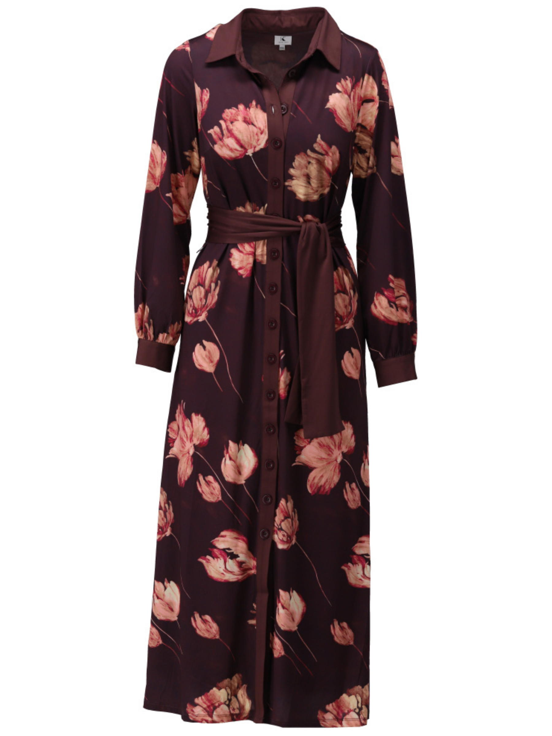 K Design D112 Maxi Shirt Dress with floral print, collared neckline, button-front fastening and self-tie waist belt.