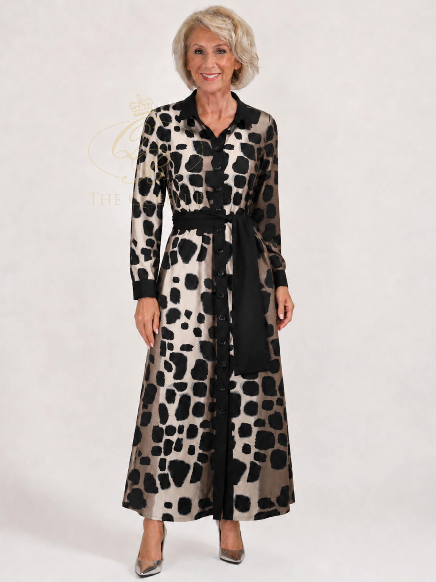 K Design D120 Maxi Shirt Dress with abstract spot print, collared neckline, button-front fastening, long sleeves and self-tie waist belt.