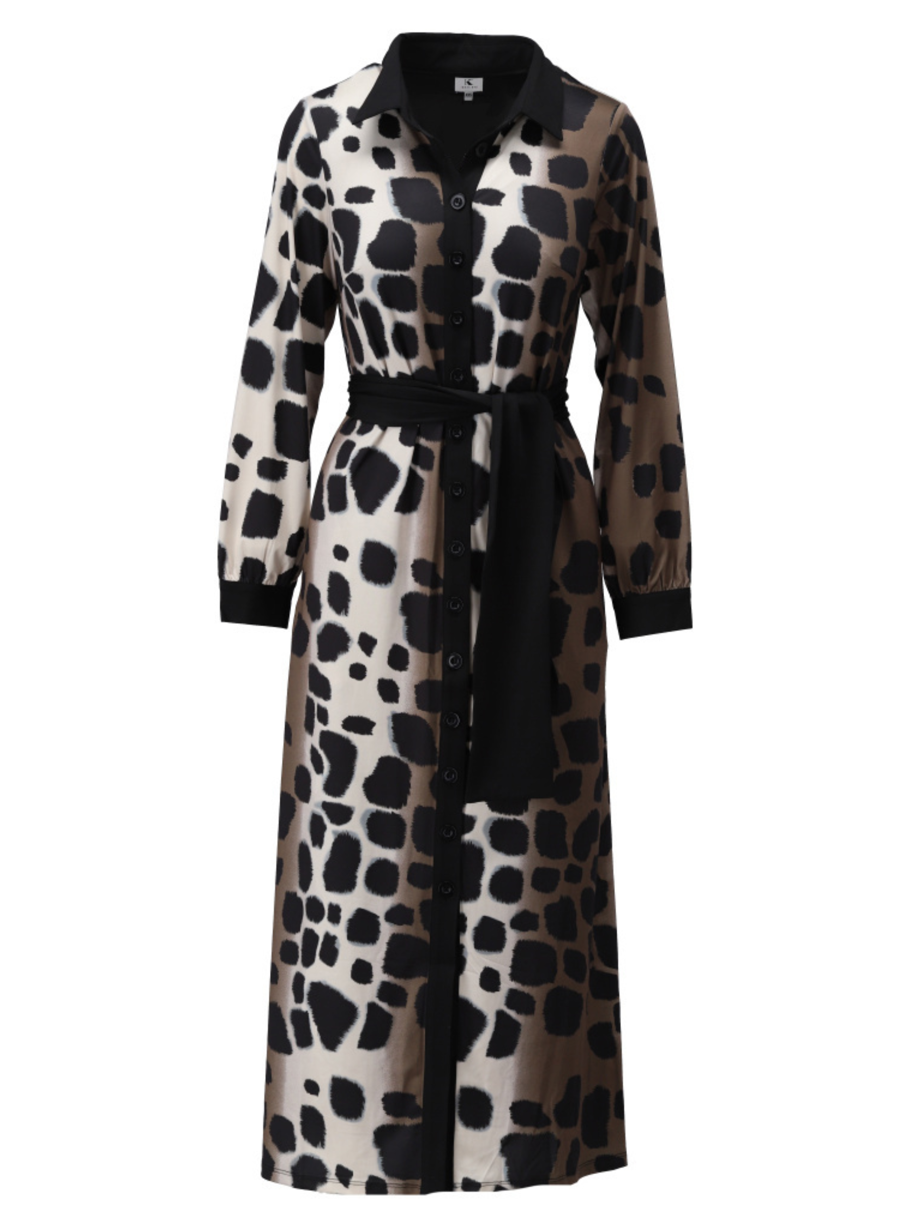 K Design D120 Maxi Shirt Dress with abstract spot print, collared neckline, button-front fastening, long sleeves and self-tie waist belt.