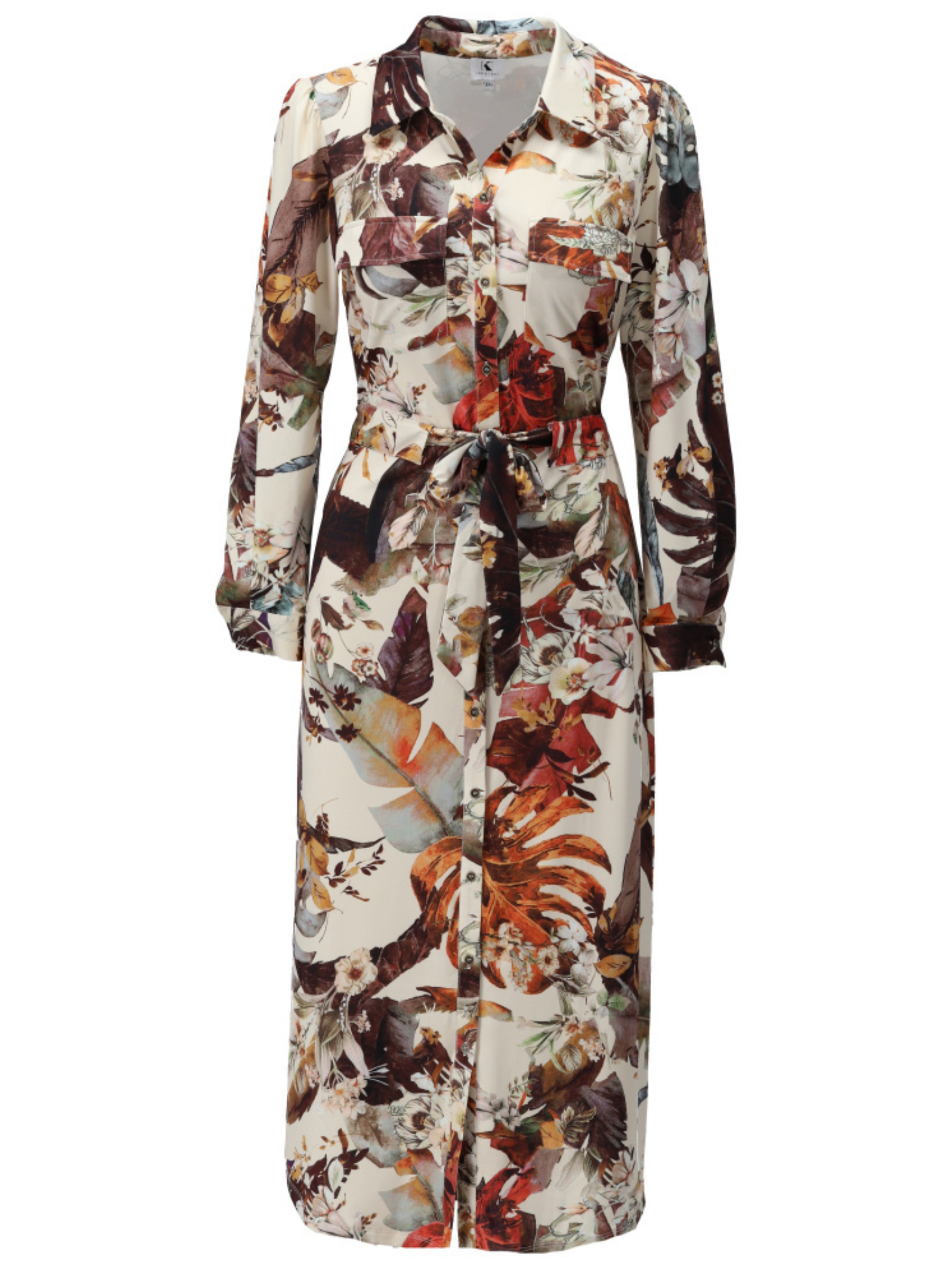 K Design D205 Midi Shirt Dress with floral botanical print, collared neckline, button-through front, long sleeves, chest pockets and self-tie waist belt.
