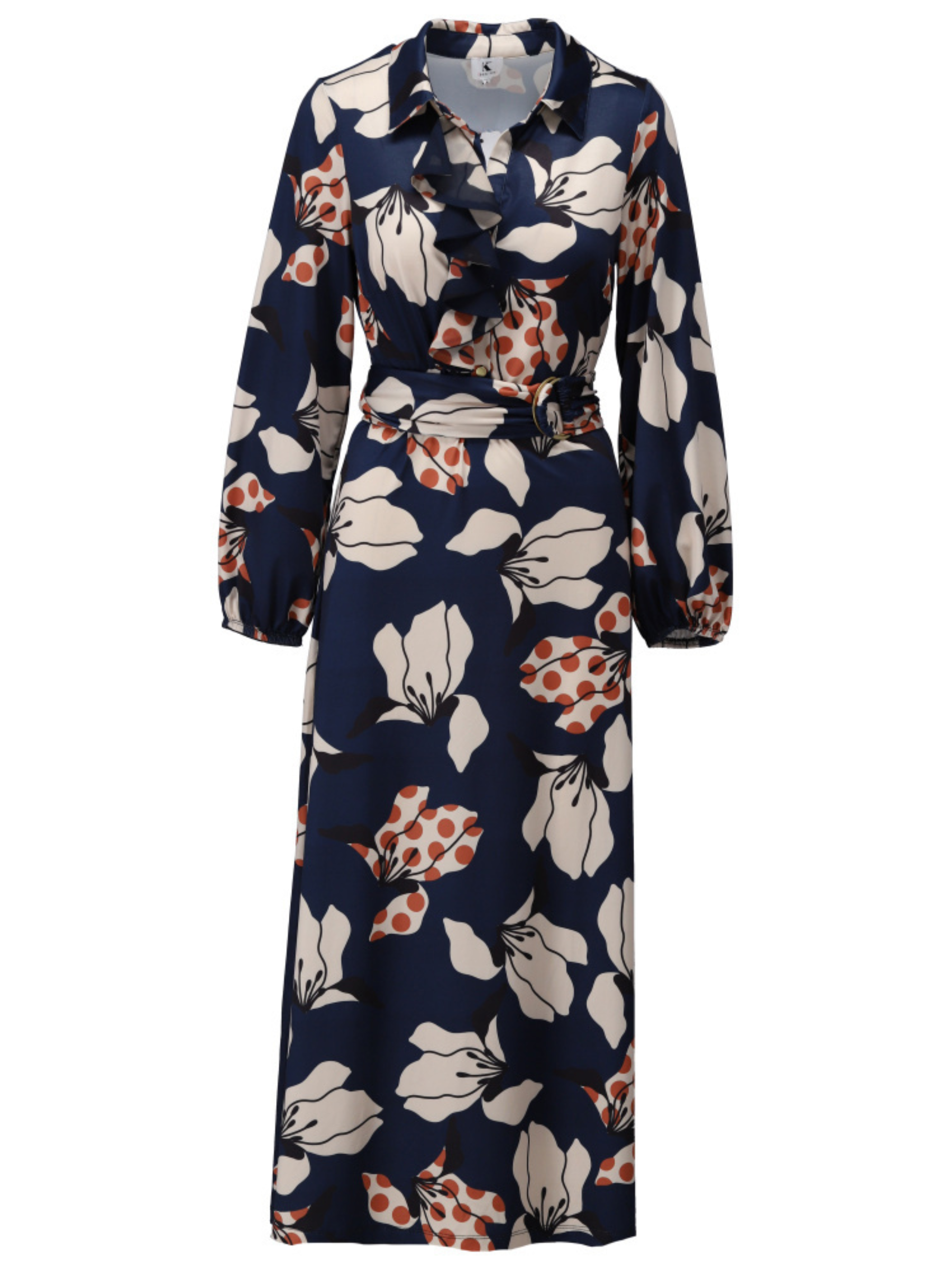 K Design D300 Maxi Dress with bold floral print, collared neckline, front ruffle detail, long sleeves and coordinating waist belt.