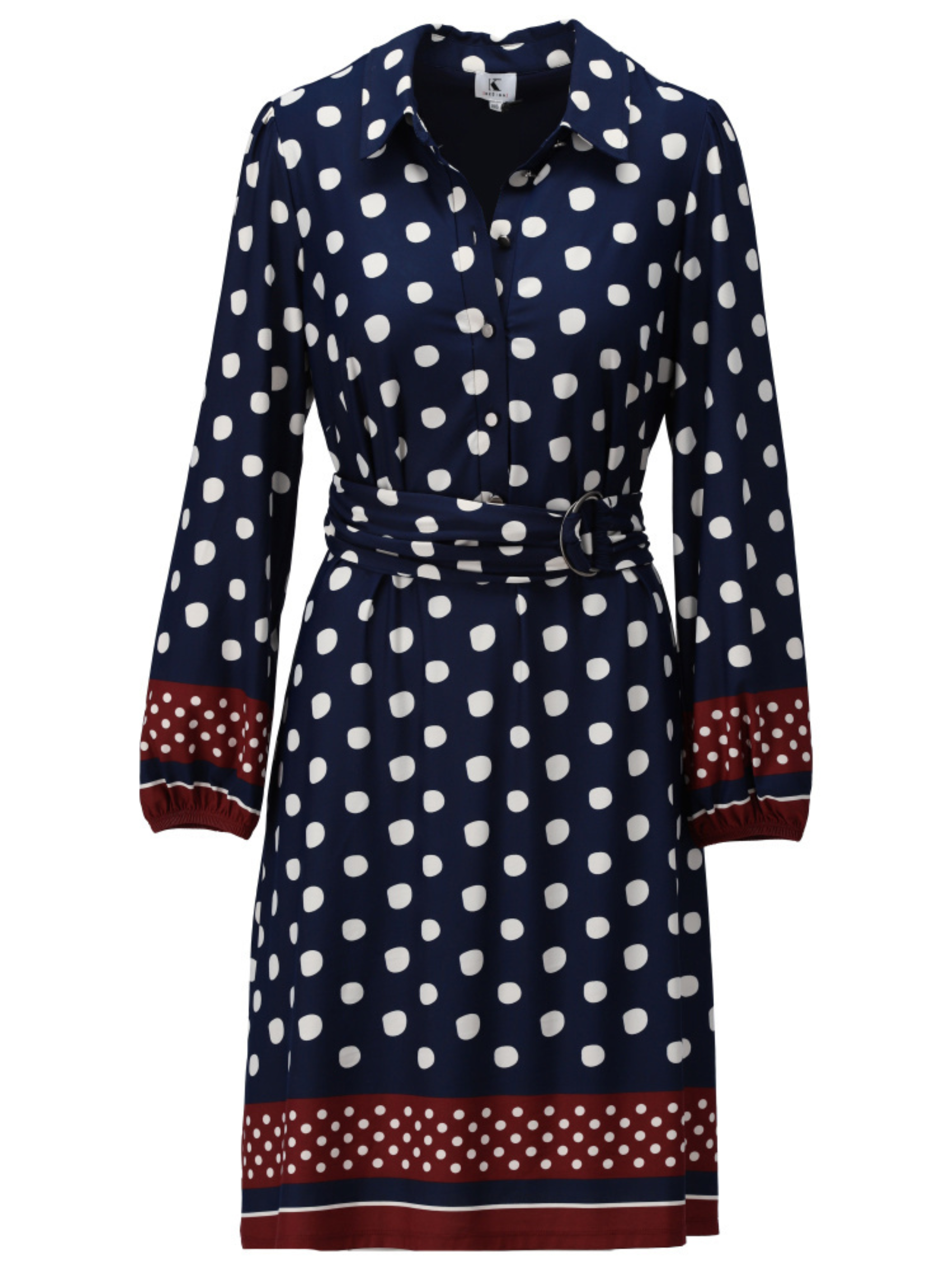K Design D327L Dress with polka dot print, collared neckline, long sleeves, waist belt and contrast border detail.