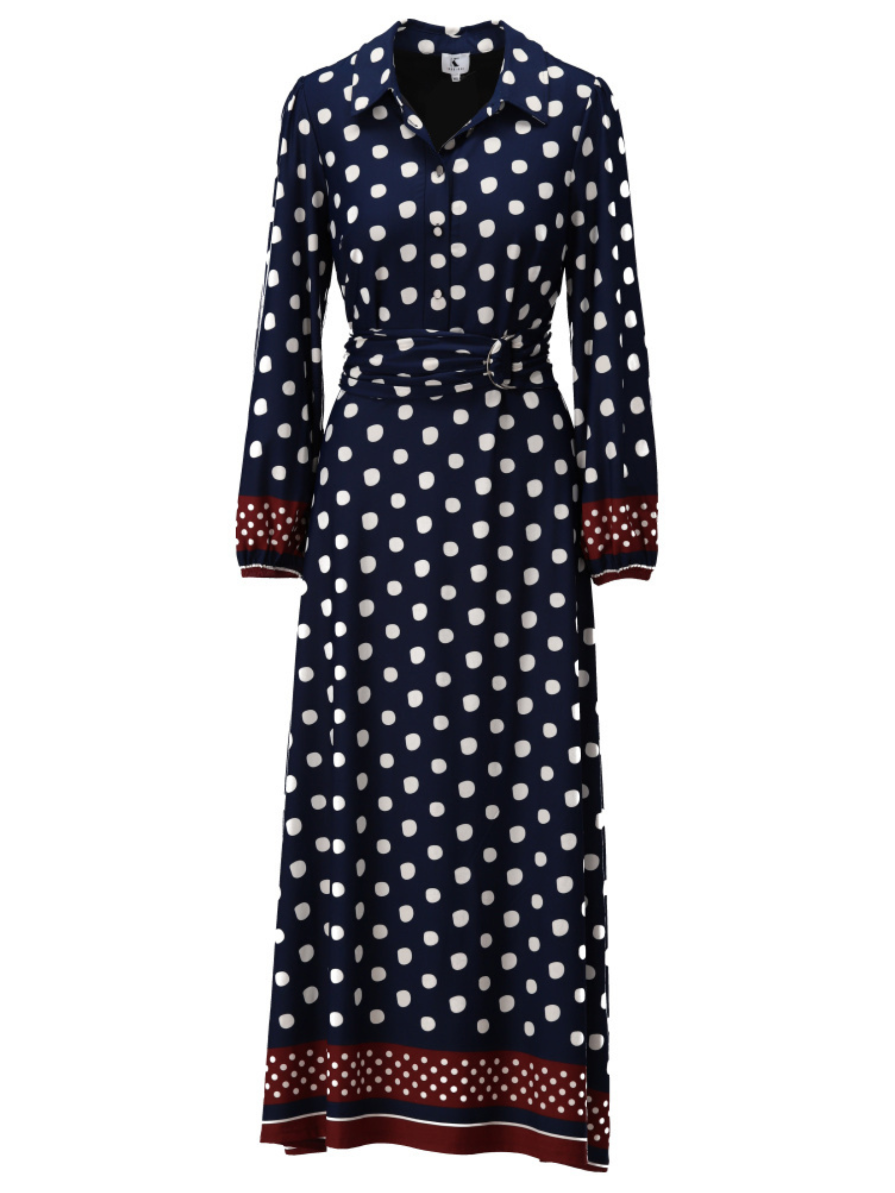 K Design D328L Maxi Dress with spot print, collared neckline, button-through bodice, long sleeves, waist belt and contrast border detail.