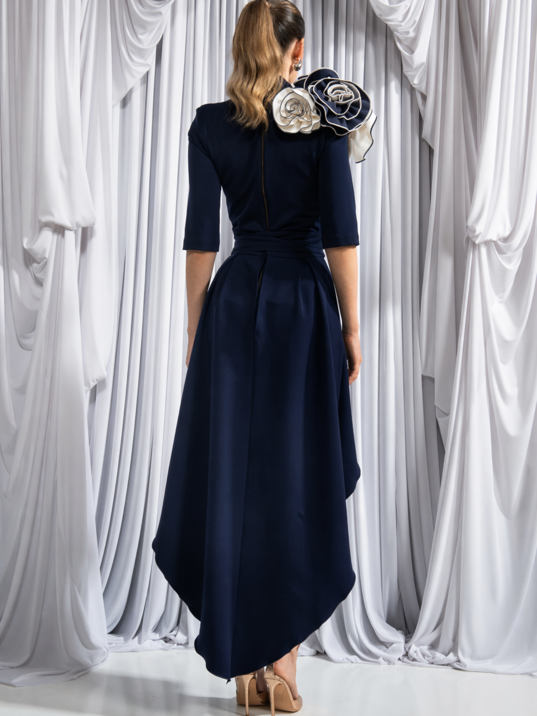 Kevan Jon Amara Navy Ivory Midi Obi Belt & Overskirt Dress with plunge neckline, detachable rosettes and overskirt