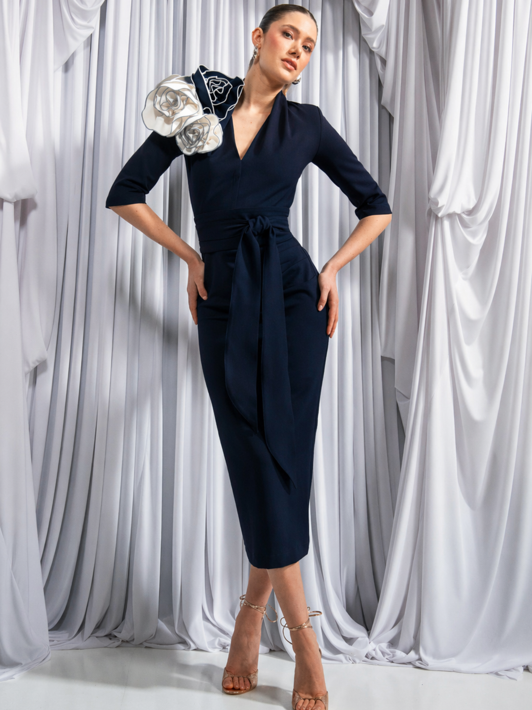 Kevan Jon Amara Navy Ivory Midi Obi Belt & Overskirt Dress with plunge neckline, detachable rosettes and overskirt