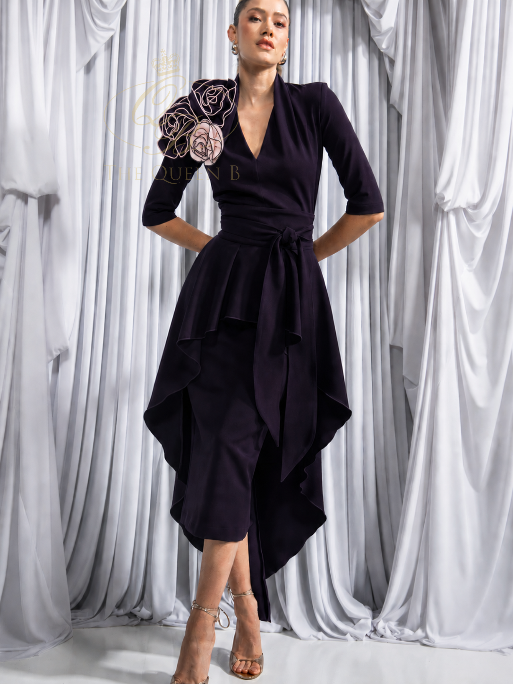 Kevan Jon Amara Roset Plunge Damson / Ice Pink Midi & Overskirt with plunge neckline, detachable rosette detail and overskirt.