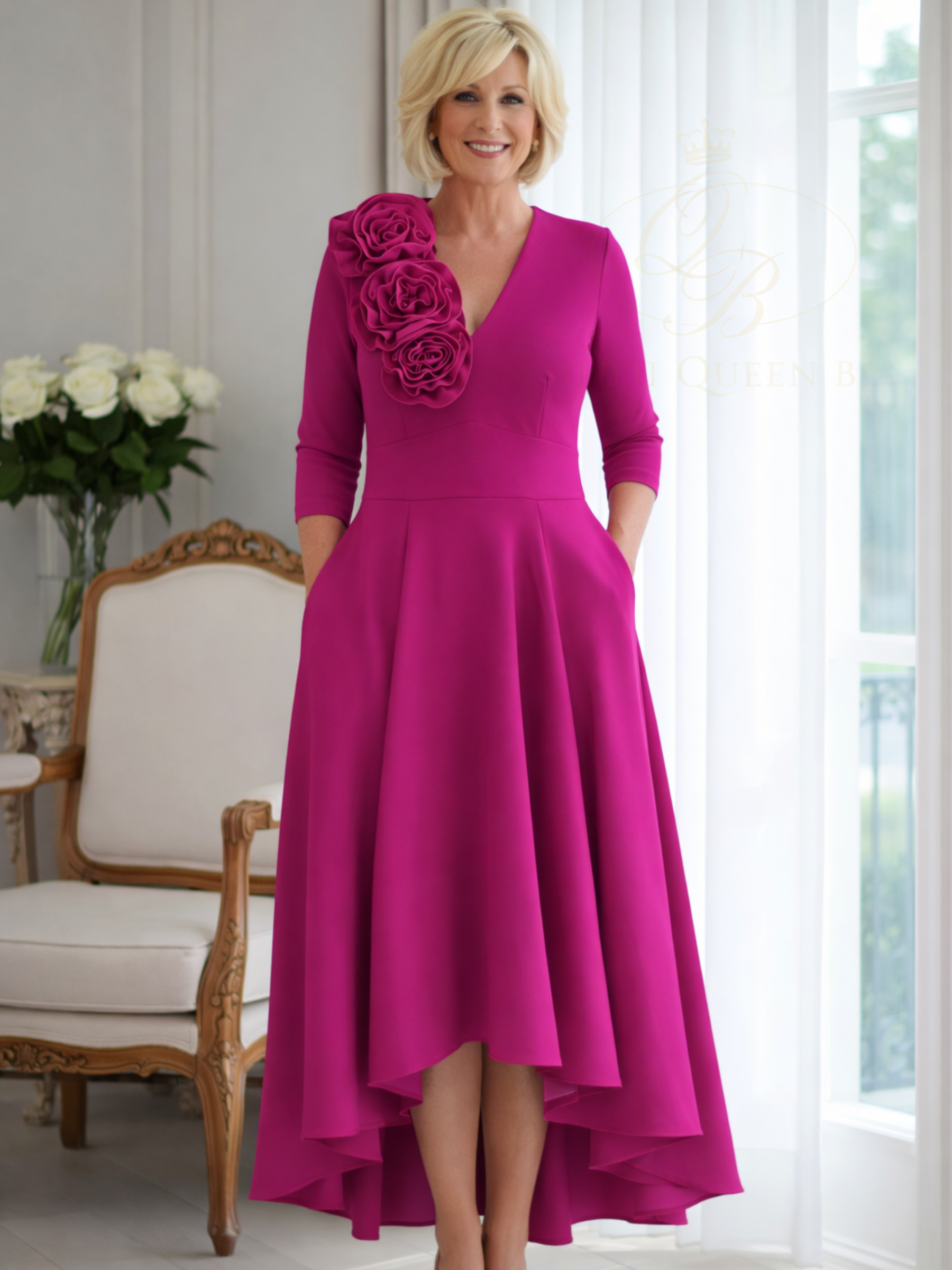 Kevan Jon Betty B Bright Pink 3 Rosette Dress in Delauney Duchess fabric with a V-neckline, sculptural shoulder rosettes and flowing high-low flared skirt.