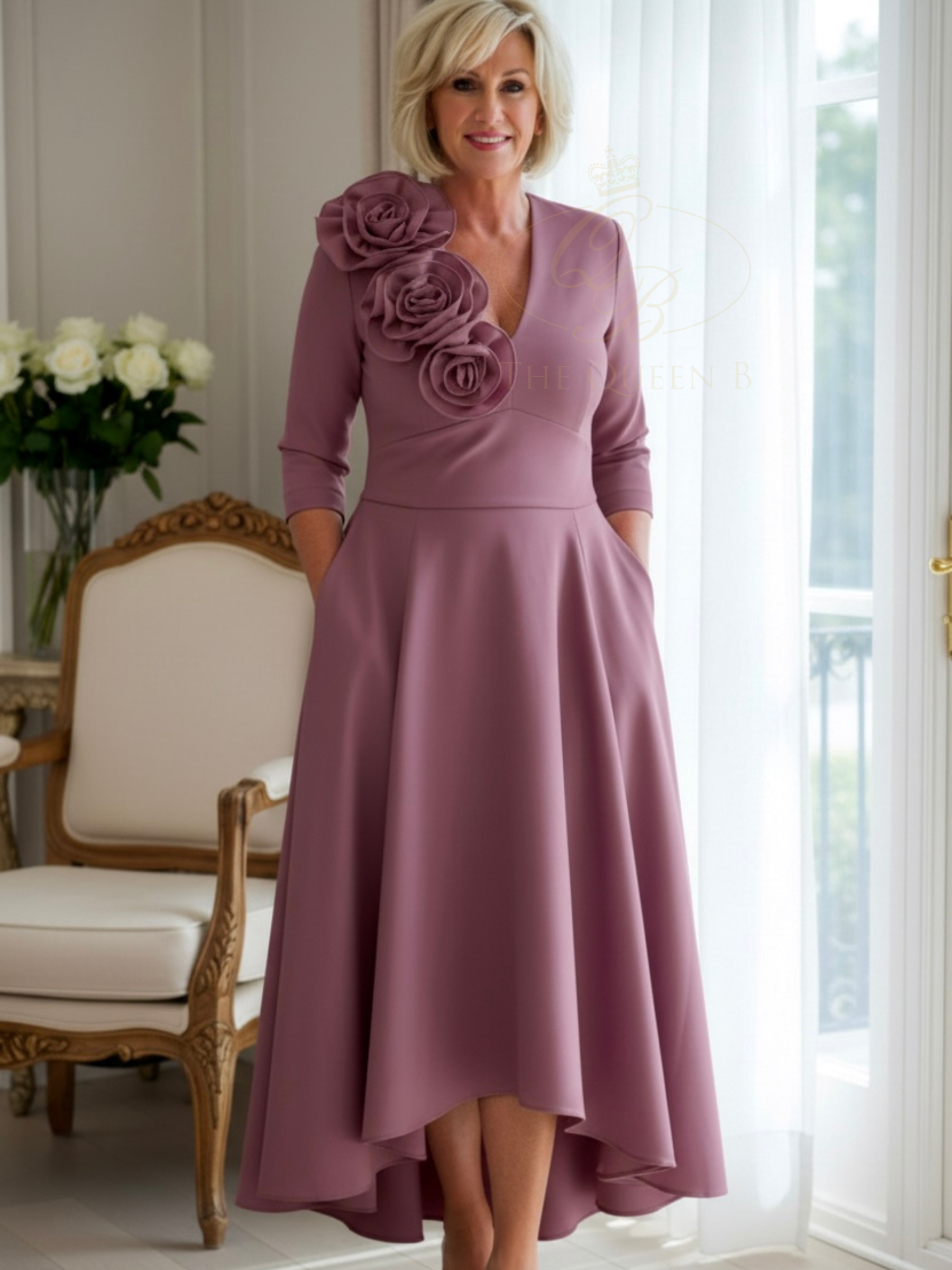 Kevan Jon Betty B Thistle Knee Dress in Delauney Duchess fabric with a V-neckline, sculptural shoulder ruffle and flowing high-low flared skirt.