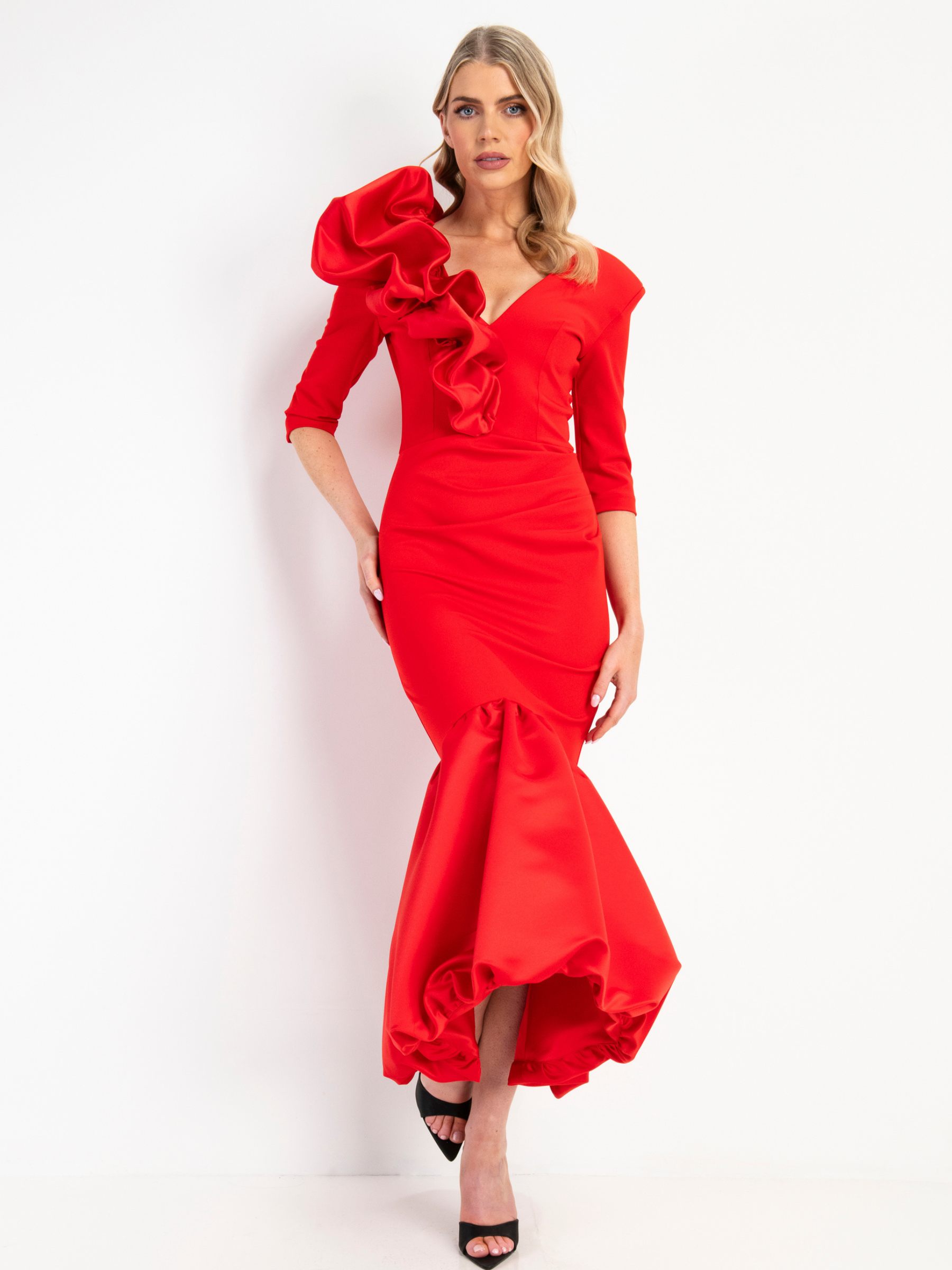 Kevan Jon Bright Pink Brooklyn Plunge Dress – elegant women’s occasionwear dress with dramatic ruffle shoulder, plunge neckline and fishtail hem. Shown in red for illustration only.