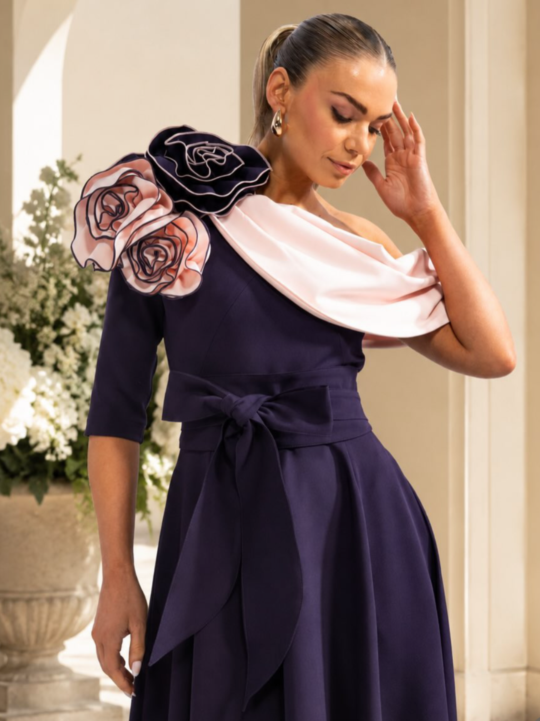 Kevan Jon Constantina Damson Ice Pink OS Flare Dress with one-shoulder neckline, detachable rosettes and self-tie belt