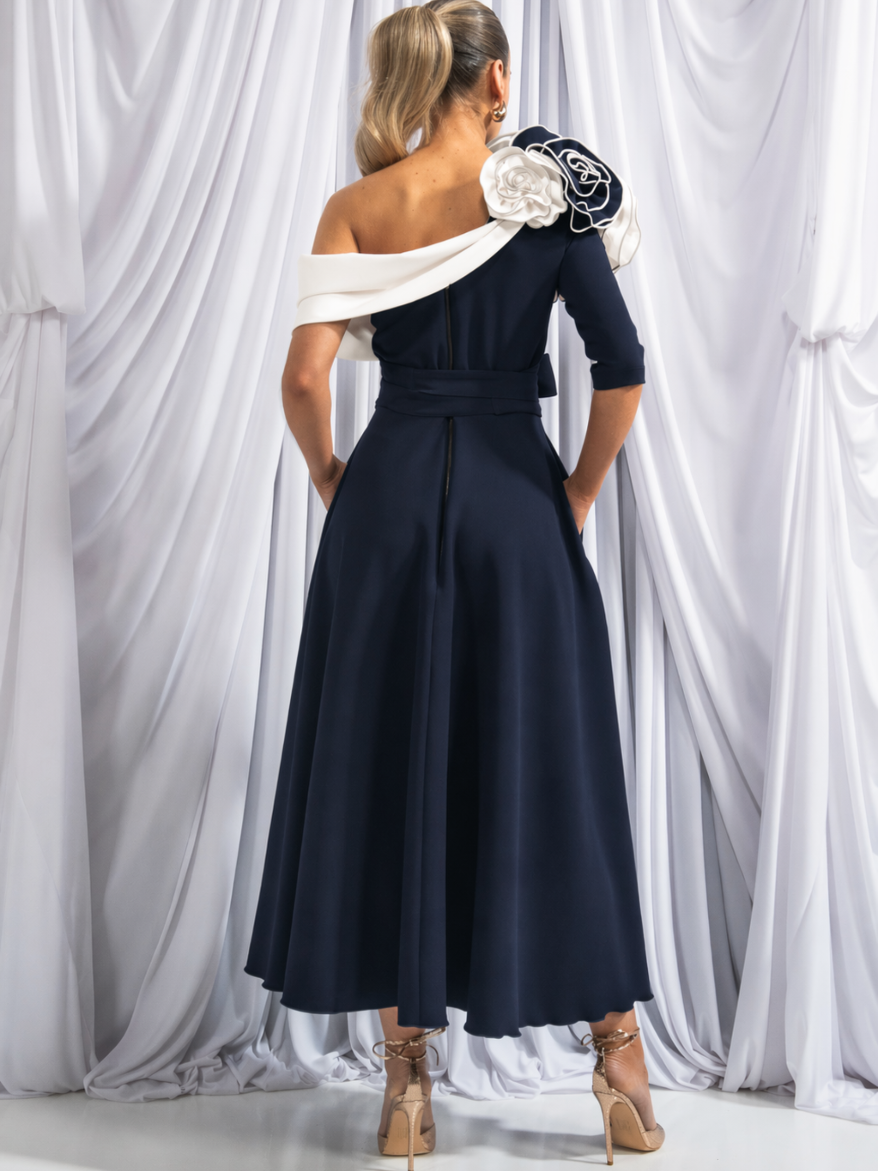 Kevan Jon Constantina Navy Ivory OS Flare Dress with one-shoulder neckline, detachable rosettes and self-tie belt
