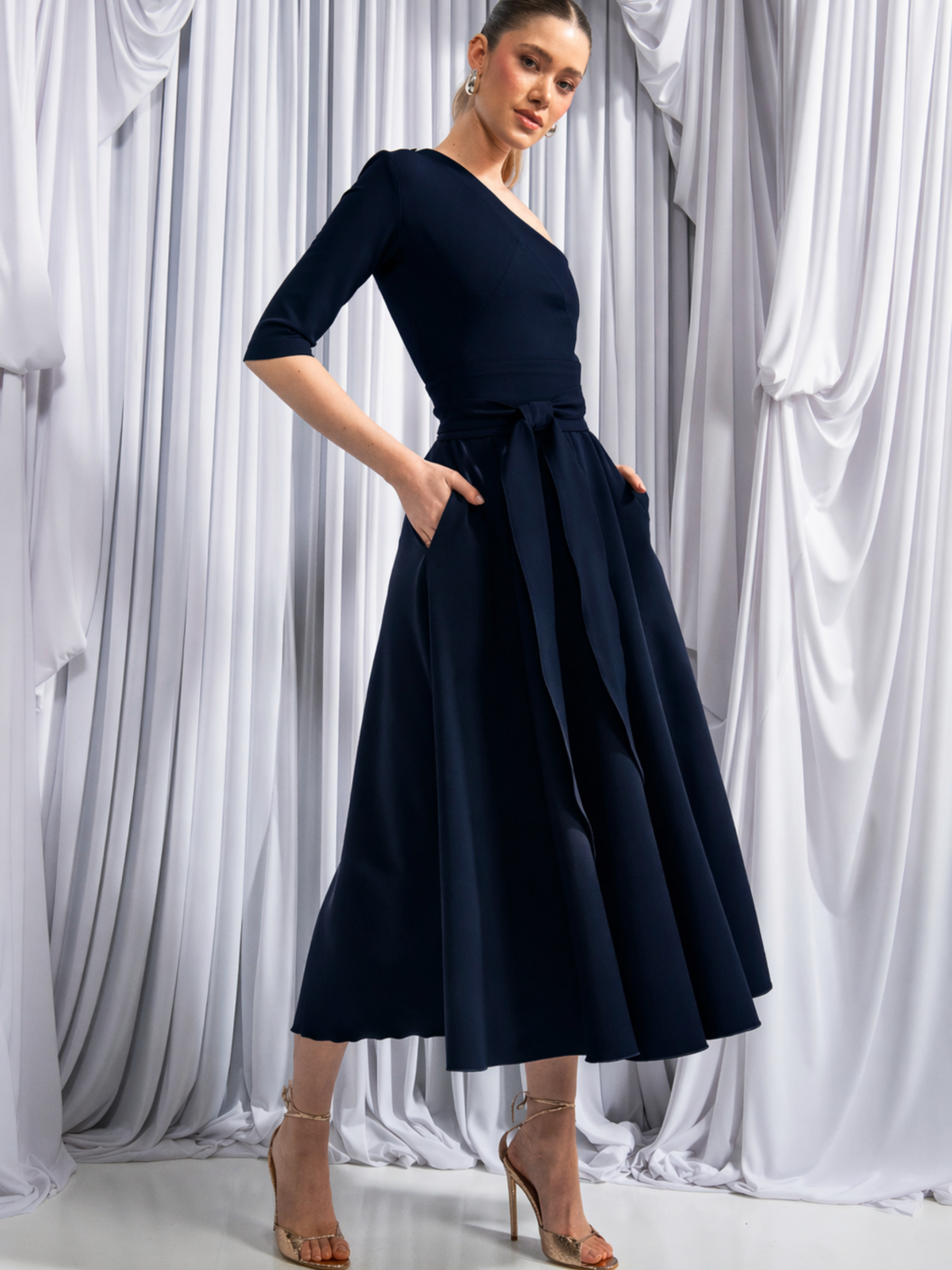Kevan Jon Constantina Navy Ivory OS Flare Dress with one-shoulder neckline, detachable rosettes and self-tie belt