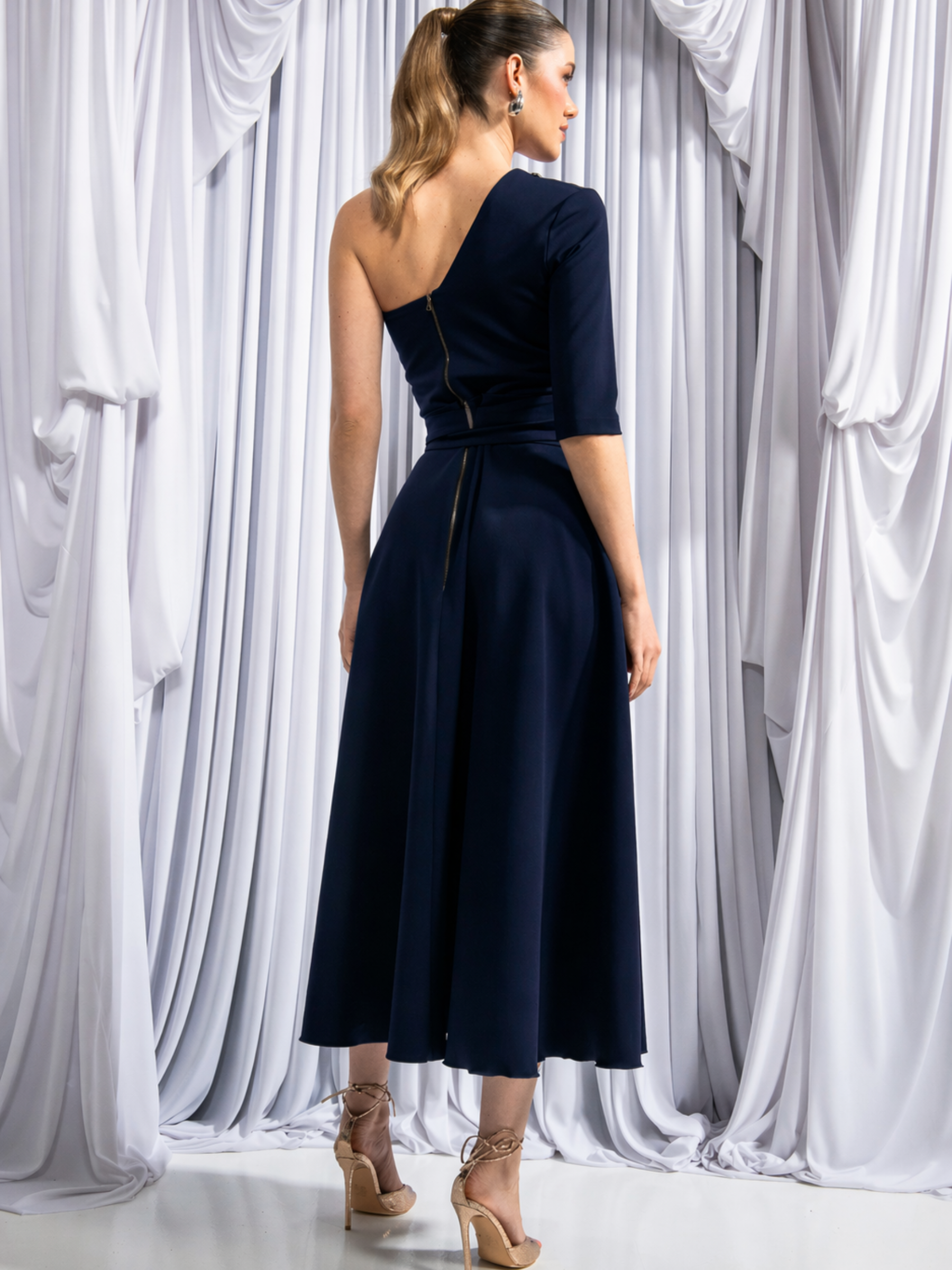 Kevan Jon Constantina Navy Ivory OS Flare Dress with one-shoulder neckline, detachable rosettes and self-tie belt