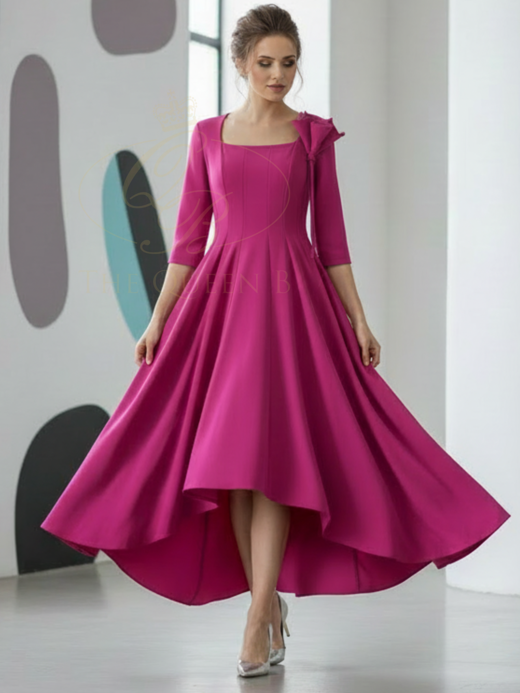Kevan Jon Diana Pink Bright Flare Dress in Delauney Scuba with scoop neckline, sculpted bodice and flowing high-low flared skirt.