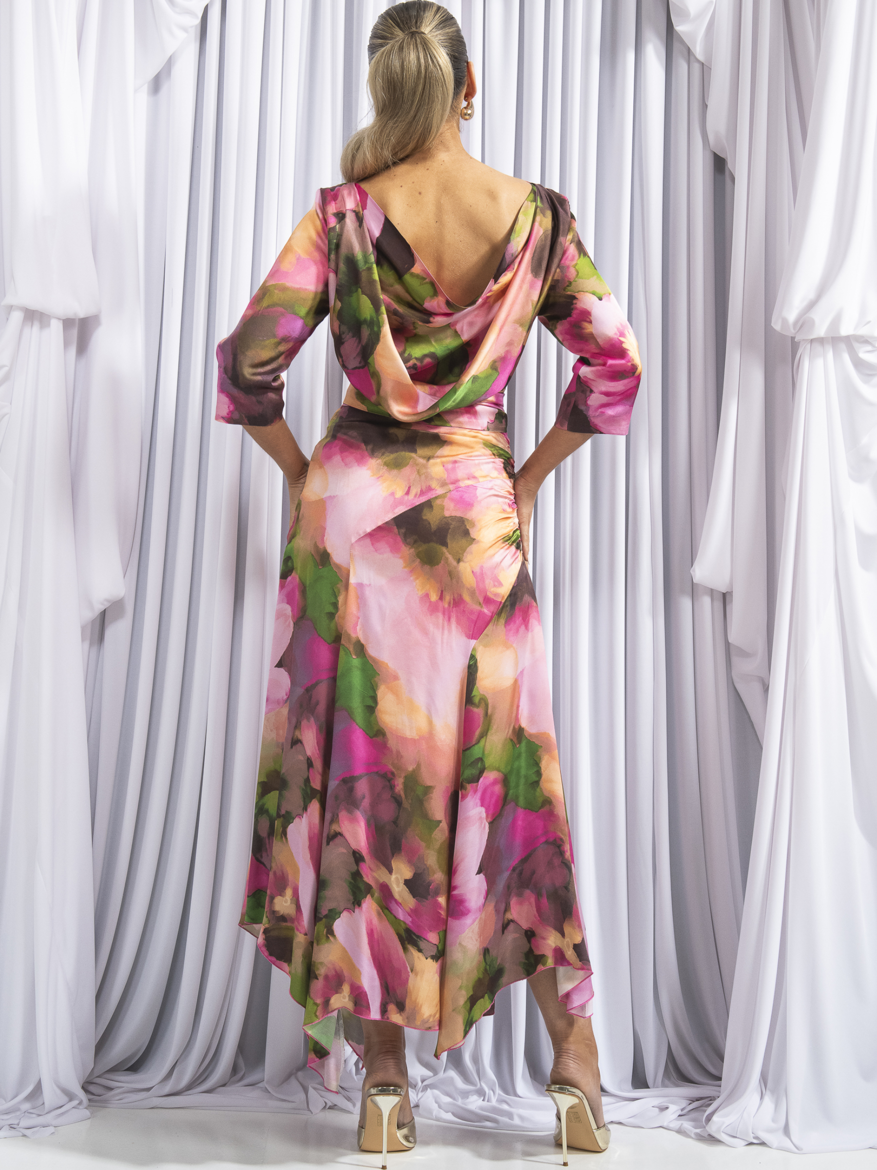 Kevan Jon Dotty Pink Drape Dress with floral print, tie waist, asymmetric skirt and detachable modesty panel
