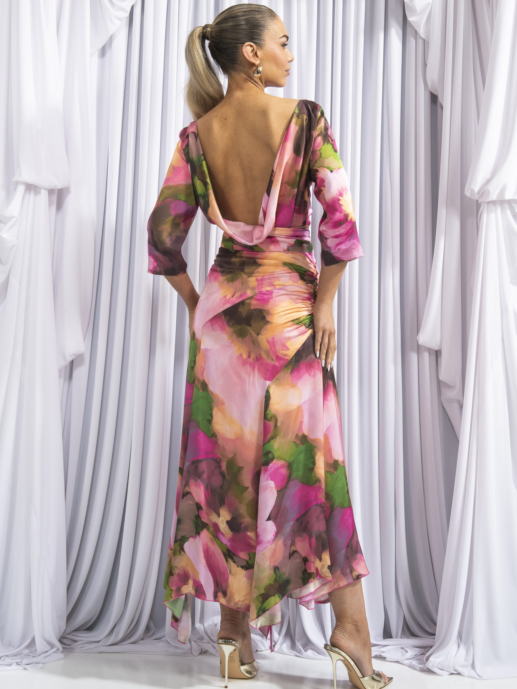 Kevan Jon Dotty Pink Drape Dress with floral print, tie waist, asymmetric skirt and detachable modesty panel