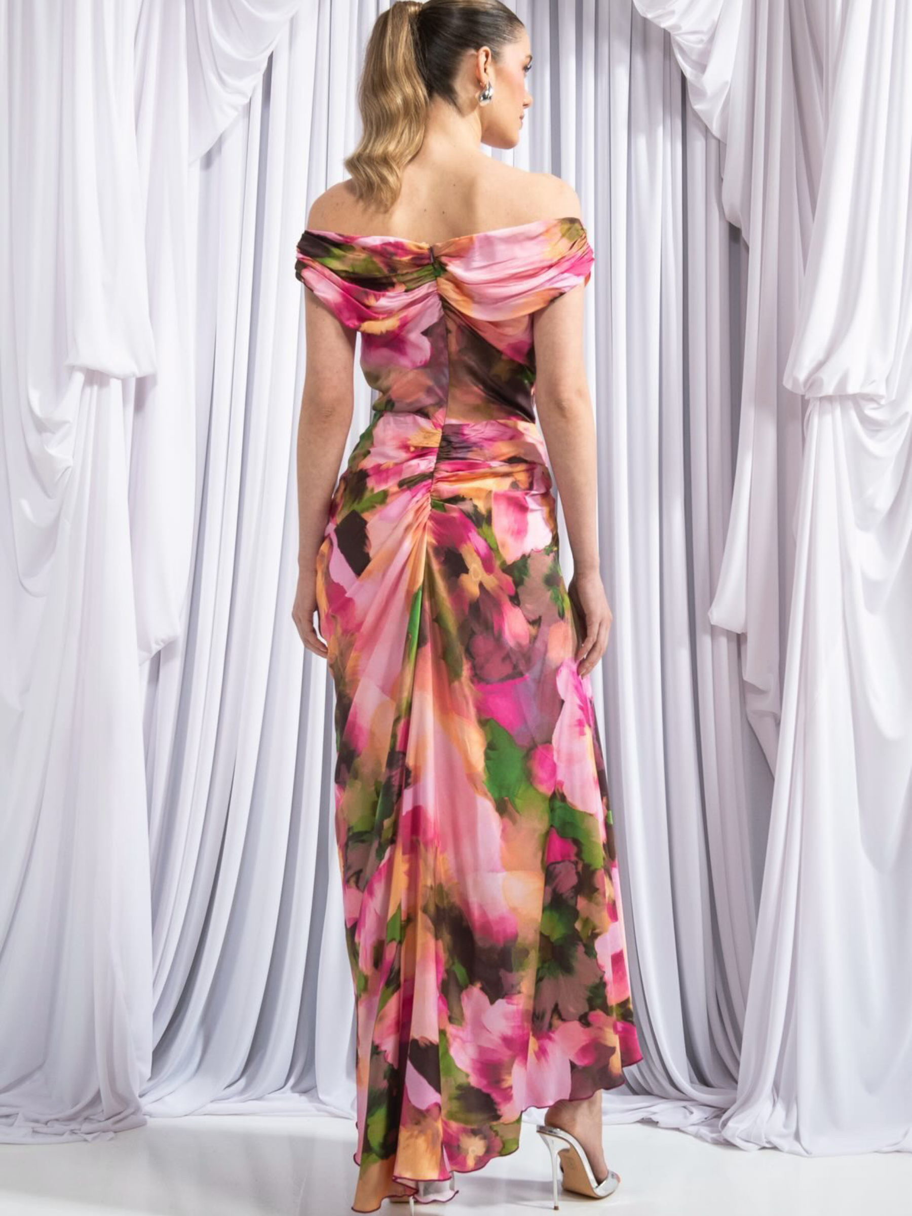 Kevan Jon Eugenia Pink Bardot Asym Dress with Bardot neckline, ruched waist, floral print and asymmetric hem