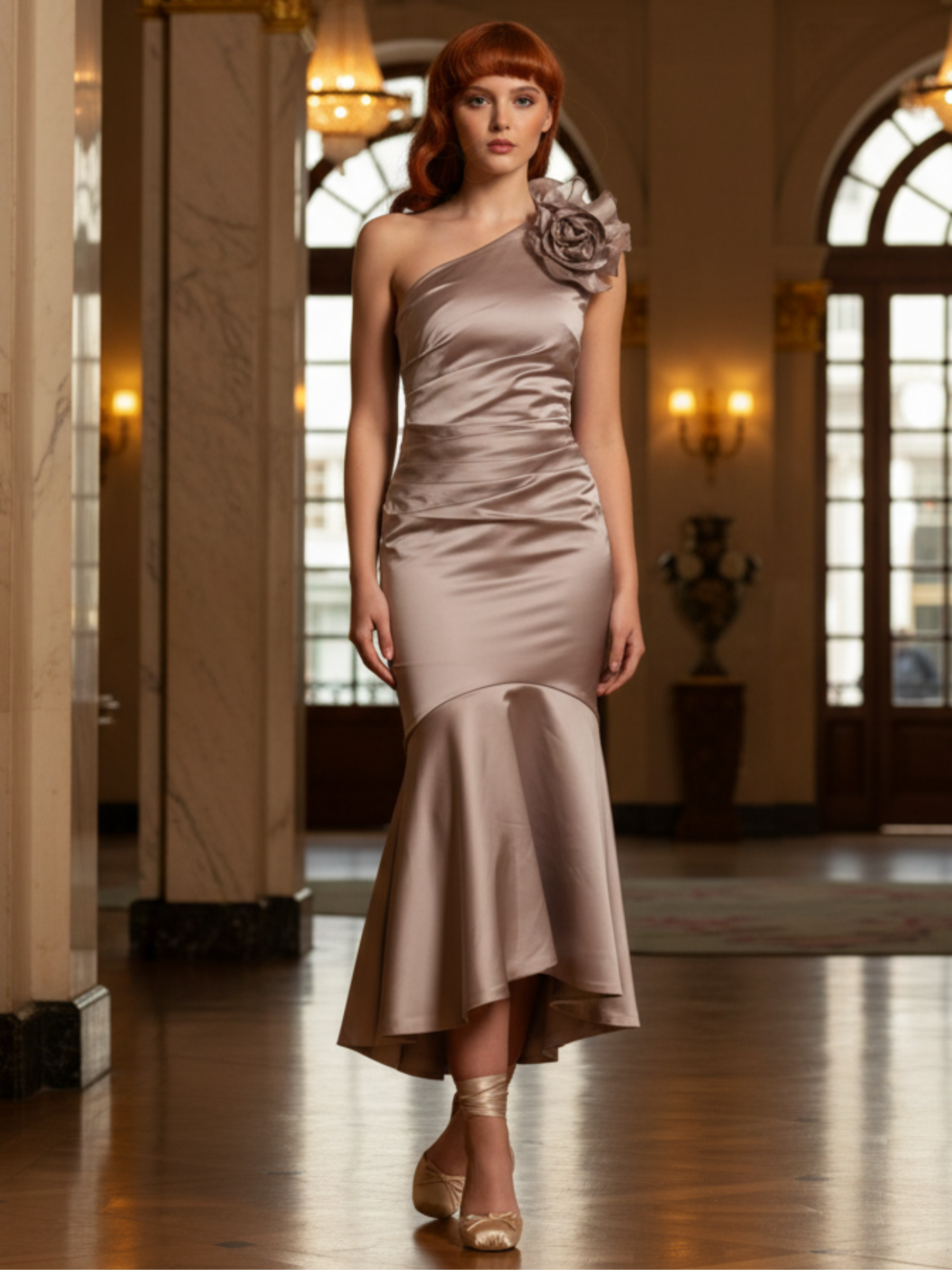 Kevan Jon Harmoni Mocha Satin Dress with one-shoulder floral detail, ruched bodice and asymmetric fluted hem.