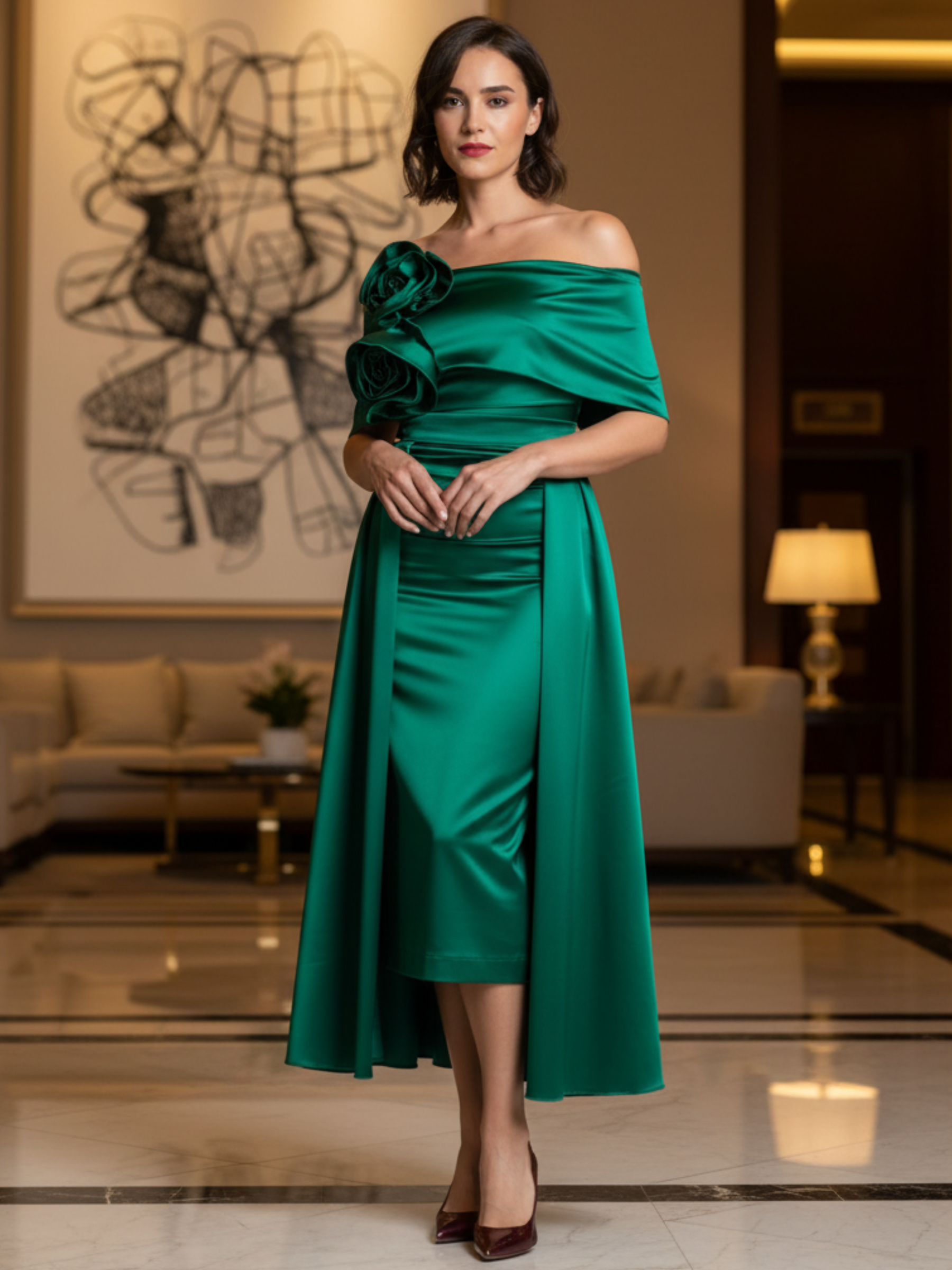 Kevan Jon Kris British Racing Green Dress with bardot neckline, ruched bodice, fitted skirt, flowing overskirt and oversized rosette detail.