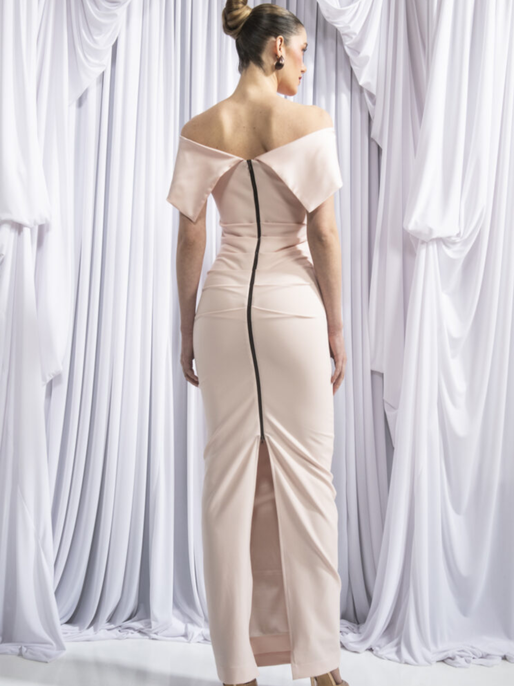 Kevan Jon Kris Bardot Ice Pink Maxi Dress with floral corsage, detachable overskirt and off-the-shoulder neckline